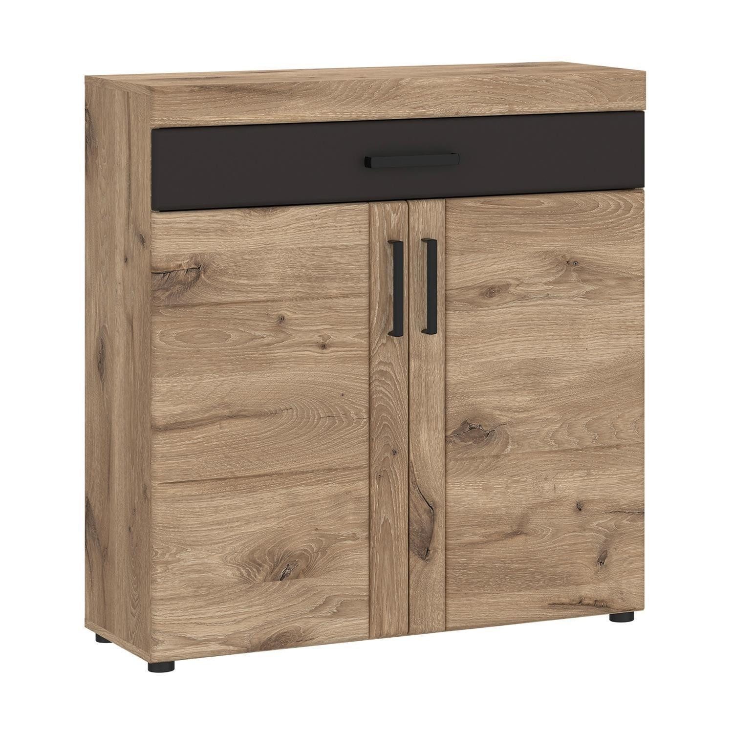 Meble Wójcik Schuhschrank GRANO, Grau, Viking Eiche Dekor, MDF, 2 Türen, 1 Schublade, Soft-Close-Funktion, B 93 x H 100 x T 38 cm
