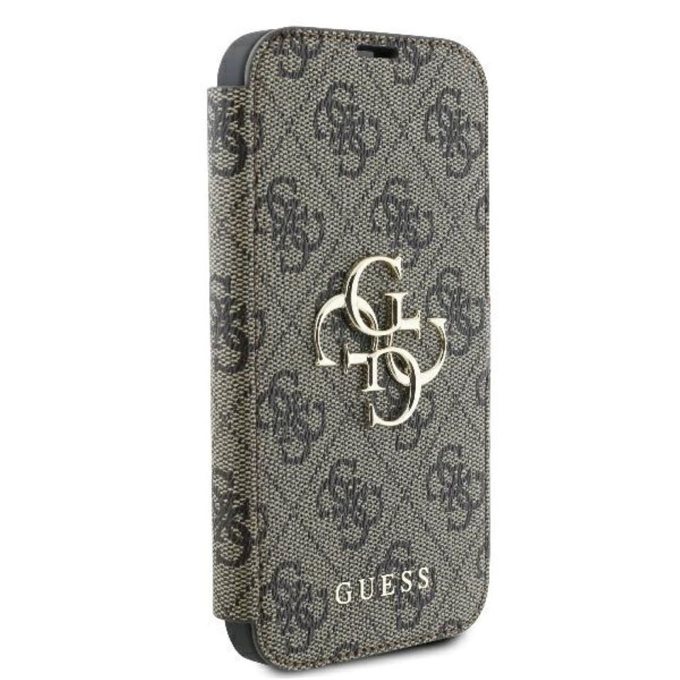 Guess Handyhülle Bookcase iPhone 16 Plus braun Logo goldfarben aufstellbar 6,7 Zoll, Kantenschutz