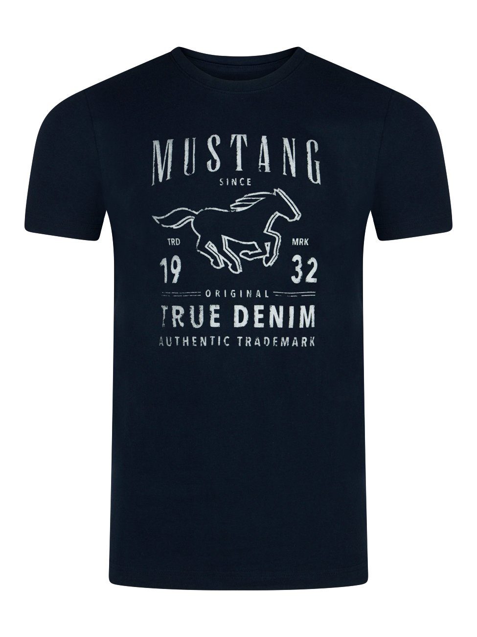 MUSTANG T-Shirt Herren Printshirt (1-tlg) Rundhalsausschnitt aus Kurzarm Baumwolle Regular (1014003-4136) Tee Sapphire mit Shirt Dark Fit 100