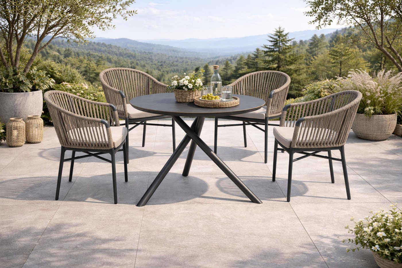 Destiny Garten-Essgruppe TORNO BARLETTA 4 Se + Tisch Ø110cm, grau/anthr., (Set, 5-tlg., 4 Stapelsessel inkl. Sitzkissen, 1 Tisch), Aluminium Rope, HPL