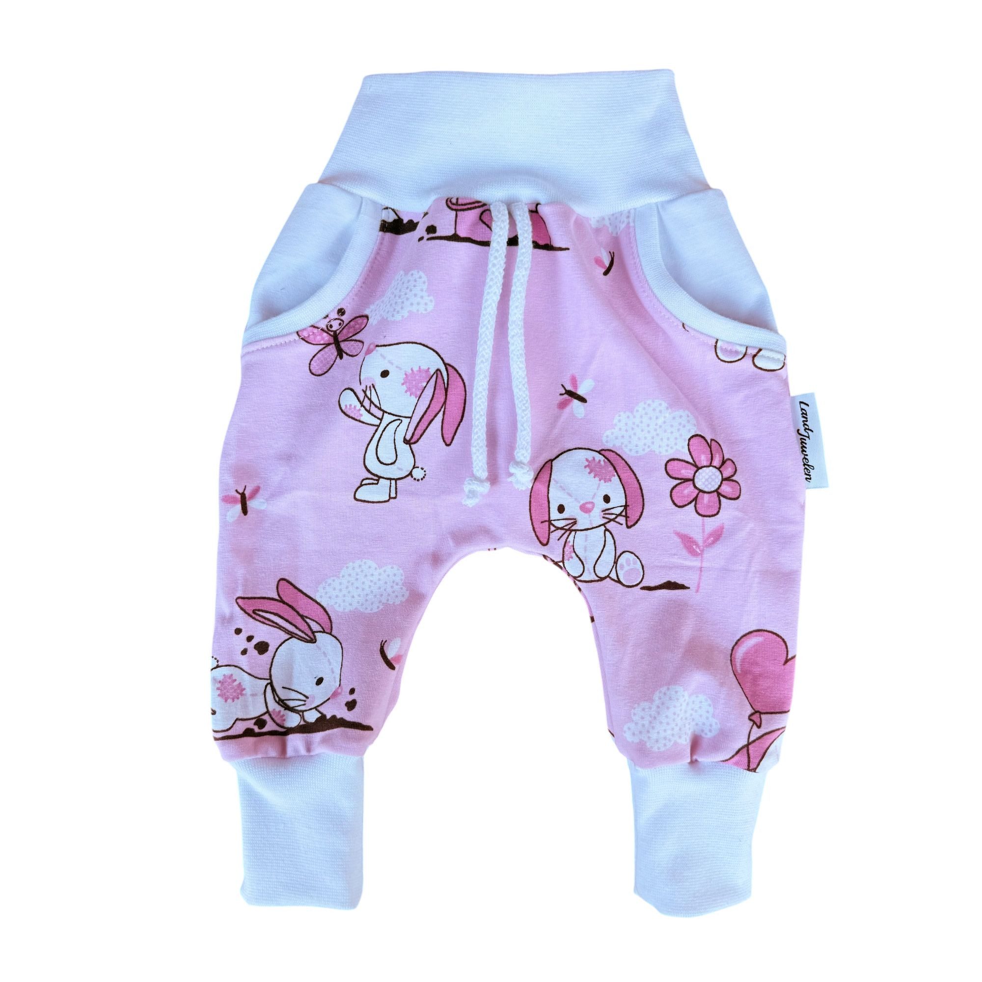 Land-Juwelen Pumphose mit Hasenmotiv – rosa Kinderhose aus Baumwolljersey – Größen 56–86