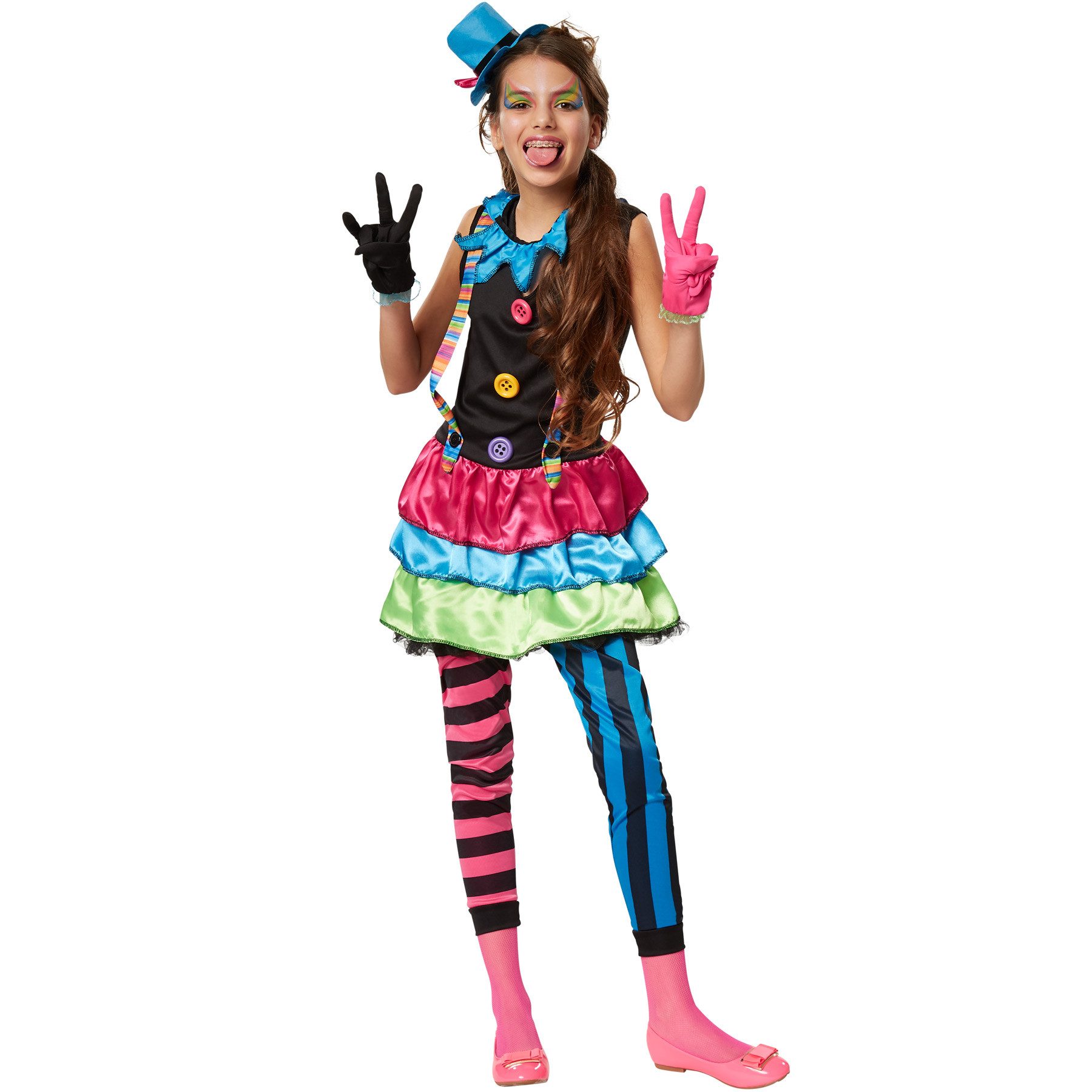 dressforfun Clown-Kostüm Spaßvogel/Komiker, in bunt, Rockteil mit angenähtem Tüllabschluss, Gr. 128 (7-8 Jahre), Schrill-buntes Einteiler-Kleid aus Elastik-Jersey
