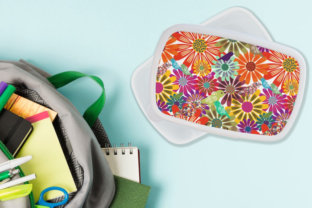 Kunststoff, und Erwachsene, Blumen für für - (2-tlg), Mädchen Regenbogen Brotdose, Kinder MuchoWow - Hippie, Lunchbox Jungs Muster - weiß Brotbox und