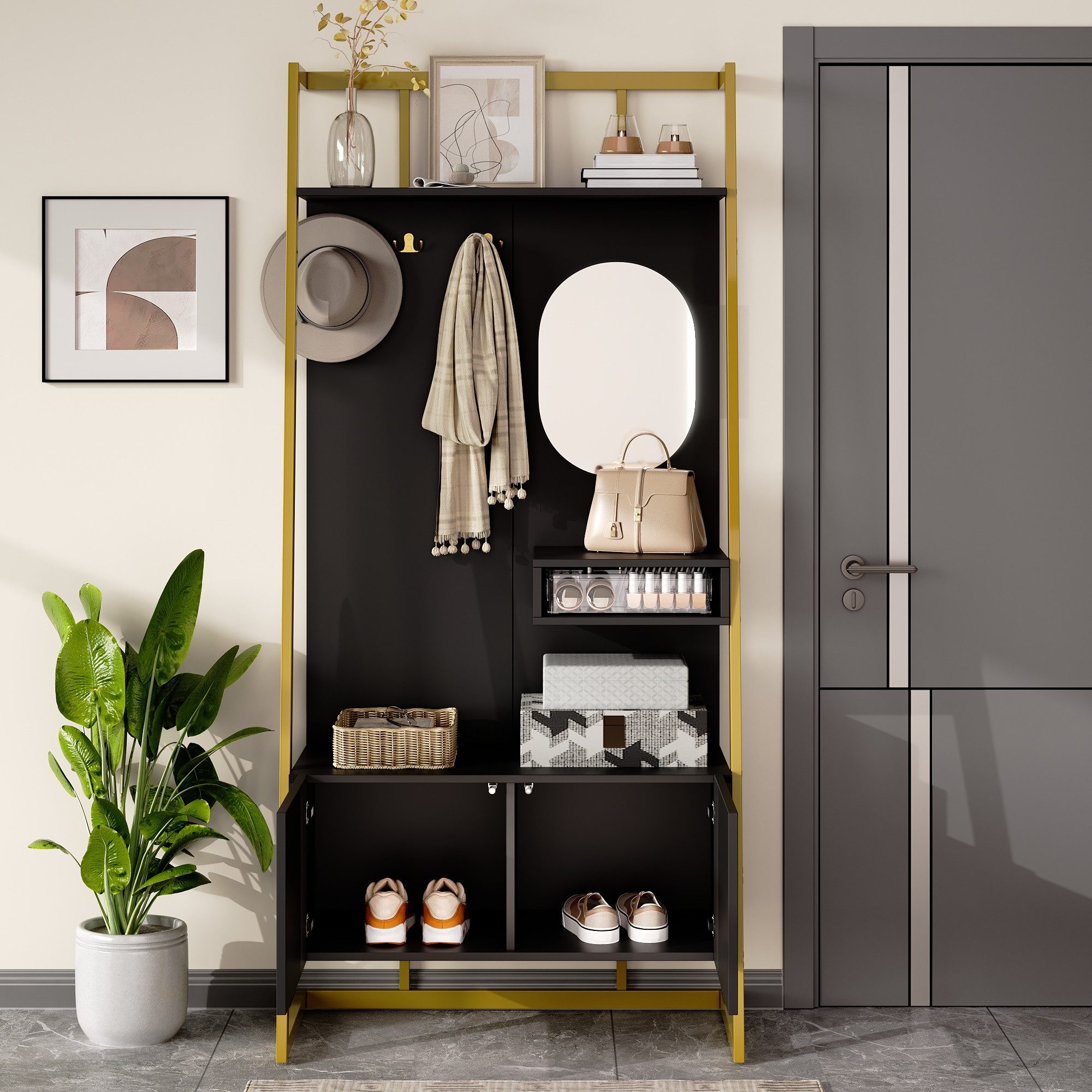 Merax Kompaktgarderobe mit Spiegel, Garderoben-Set aus Holz & Metall (1-St) Flurschrank mit Metallhaken, Schuhschrank & Sitzbank, 78×180,5×38,5 cm