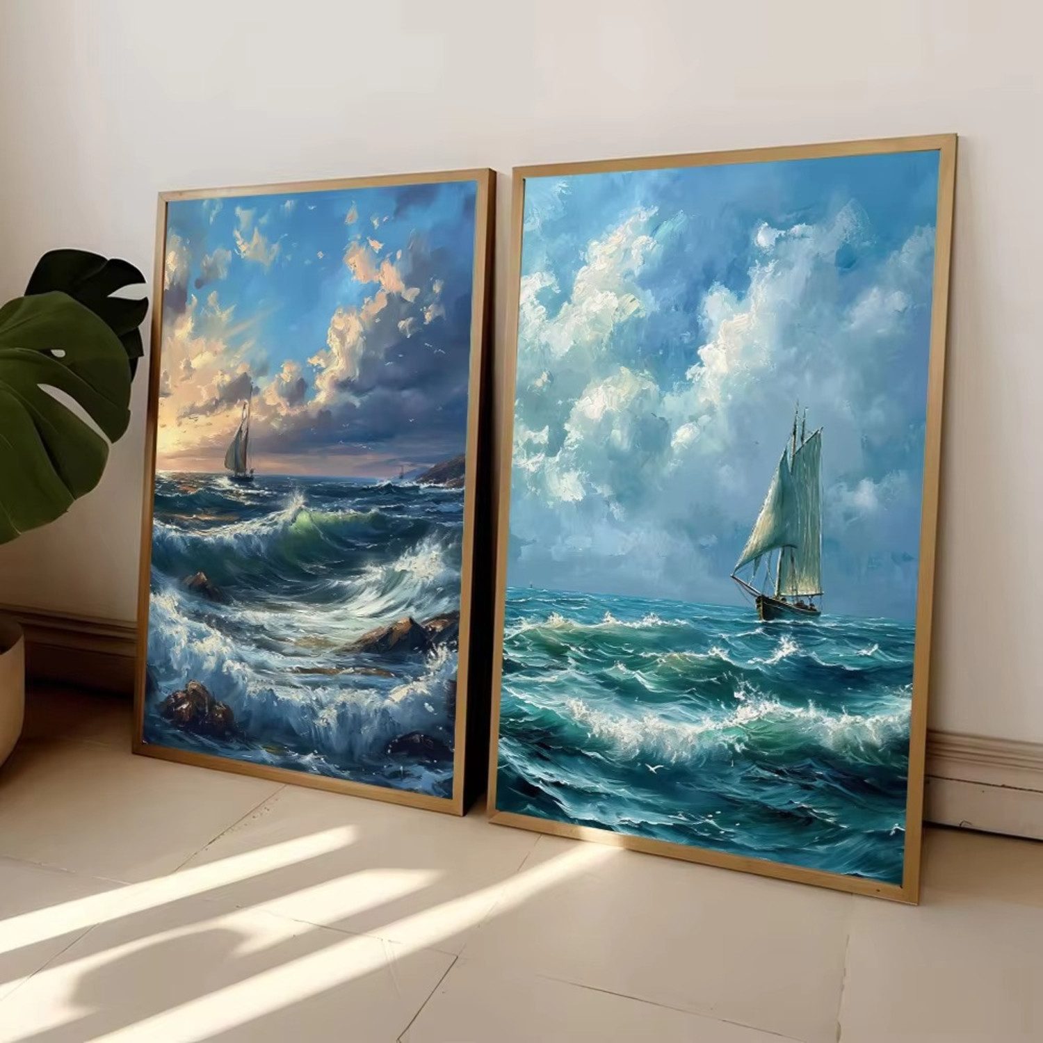 TPFLiving Kunstdruck OHNE RAHMEN, Meer, Stran, Ozean, Palmen, Surfer, Palmen und Wellen - (Leinwandbild XXL), Farben: Farben: blau, rot, beige -Größe: 20x30cm