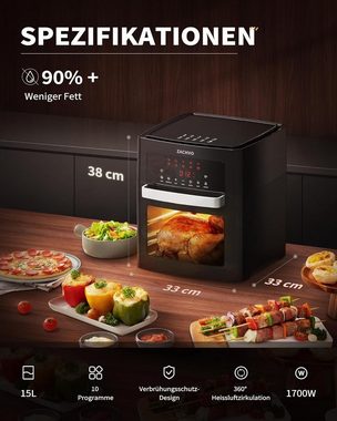 ZACHVO Heißluftfritteuse XXL - 15L - 10 Programme, 1700,00 W, mit LCD Touchscreen - Air Fryer Frittieren ohne Öl, 7 Zubehör