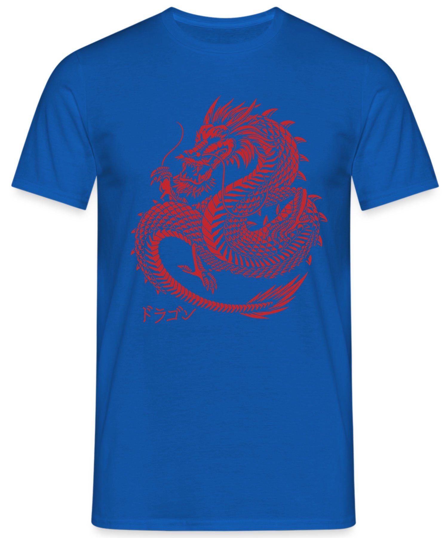 Ästhetik Japan (1-tlg) Blau - Quattro Kurzarmshirt Dragon Kanji Japanischen Schriftzeichen Formatee Drache mit