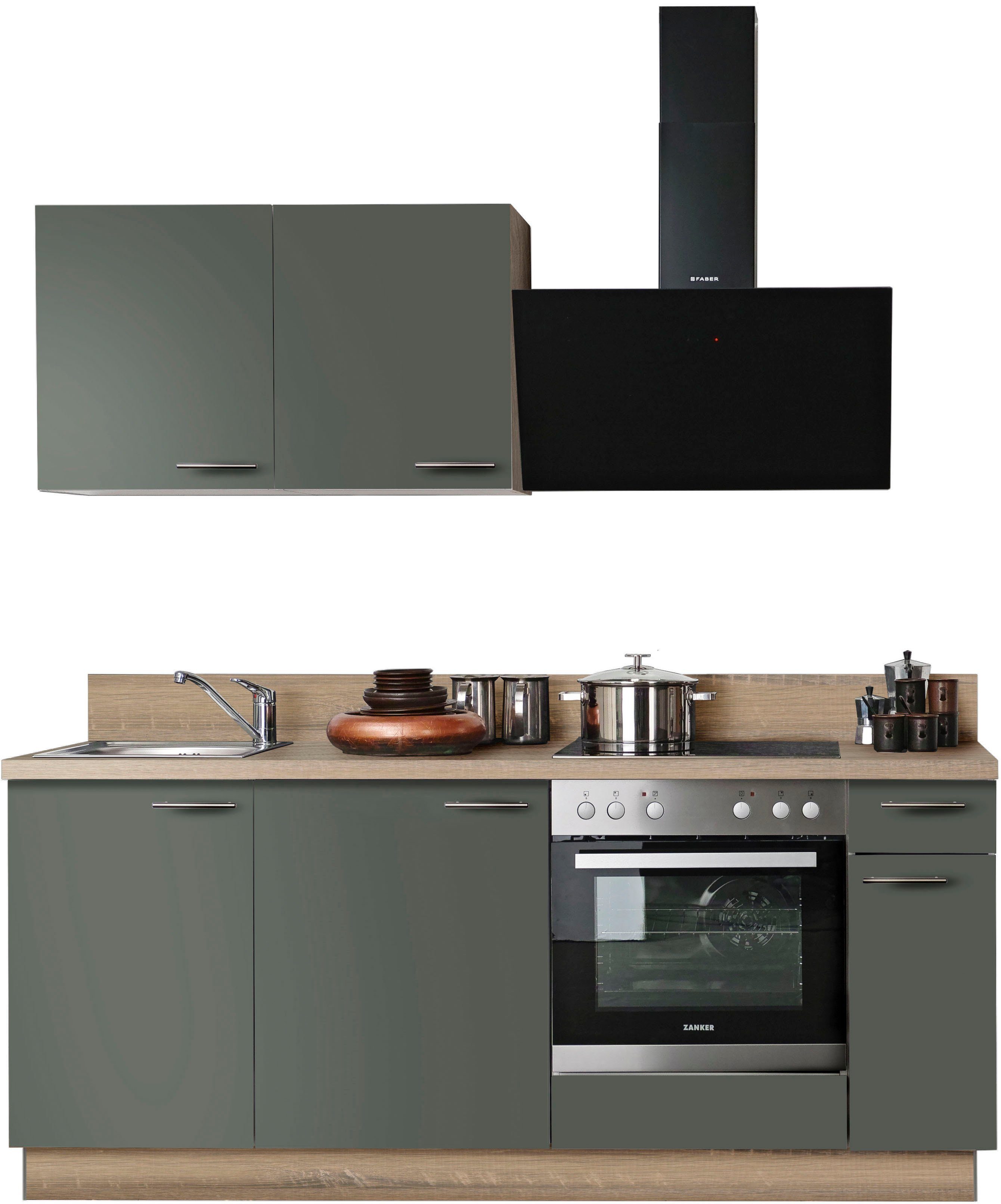 KOCHSTATION Küchenzeile KS-Scafa, vormontiert, mit höhenverstellbaren Füßen, vormontiert, wahlweise mit E-Geräten, mit Soft-Close, Breite 200 cm