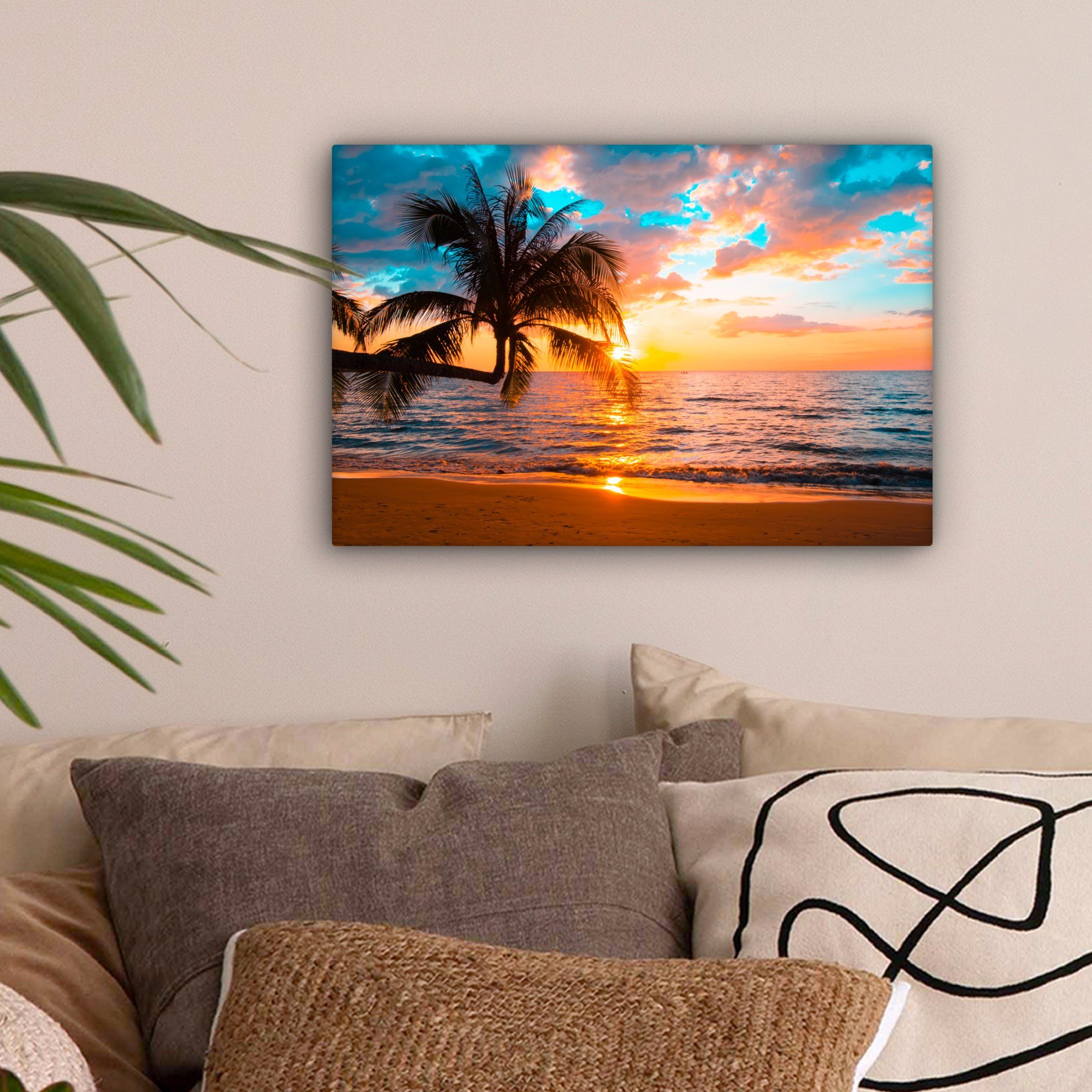 OneMillionCanvasses® Leinwandbild Palme - Sonnenuntergang - Horizont - Stra günstig online kaufen