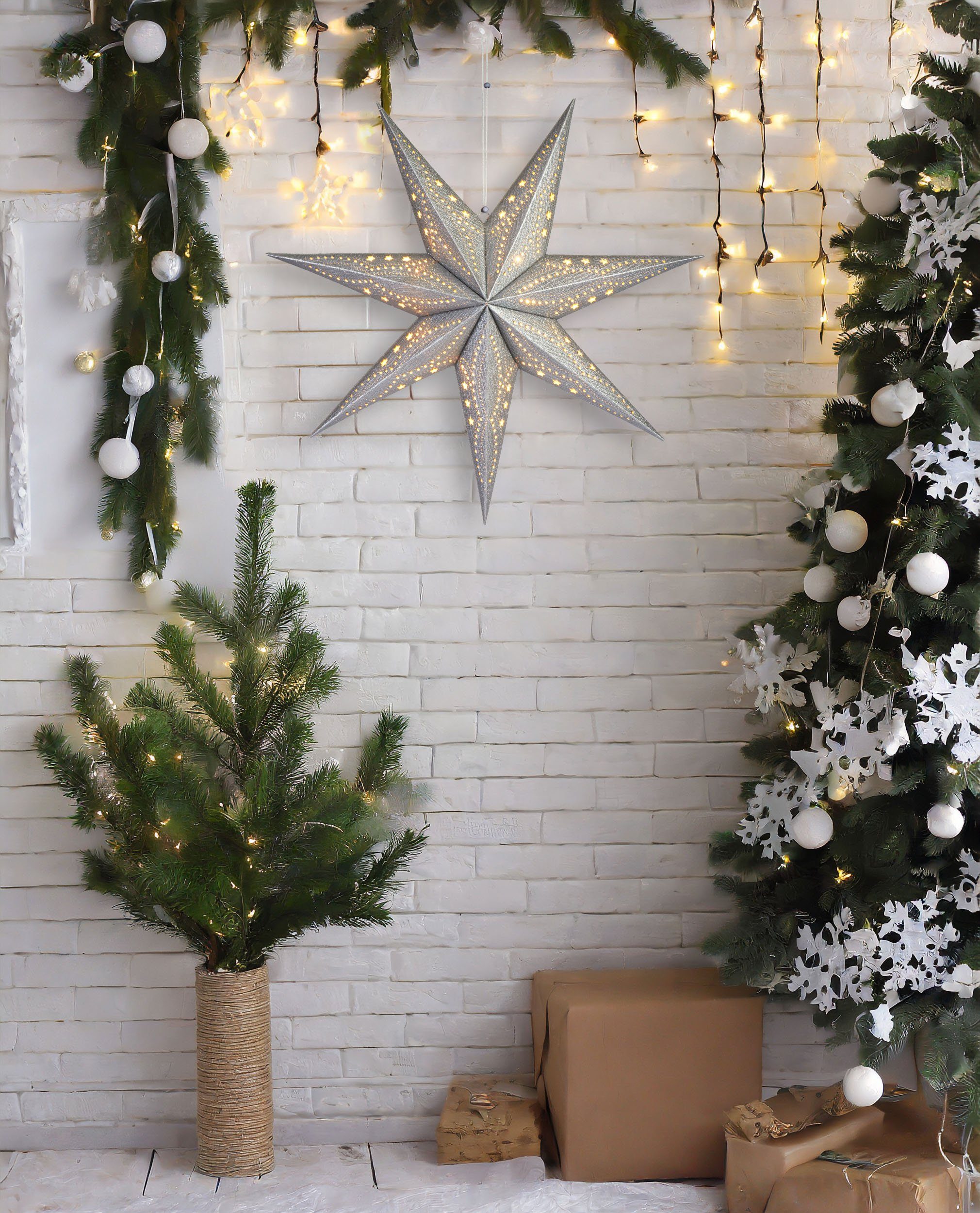 BRUBAKER LED Stern 3D Weihnachtsstern zum Aufhängen - LED Papierstern mit Timer, Batteriebetrieben und Beleuchtet, LED fest integriert, Warmweiß, 60 cm Adventsstern mit modernem Muster - Leuchtstern Deko Weihnachten