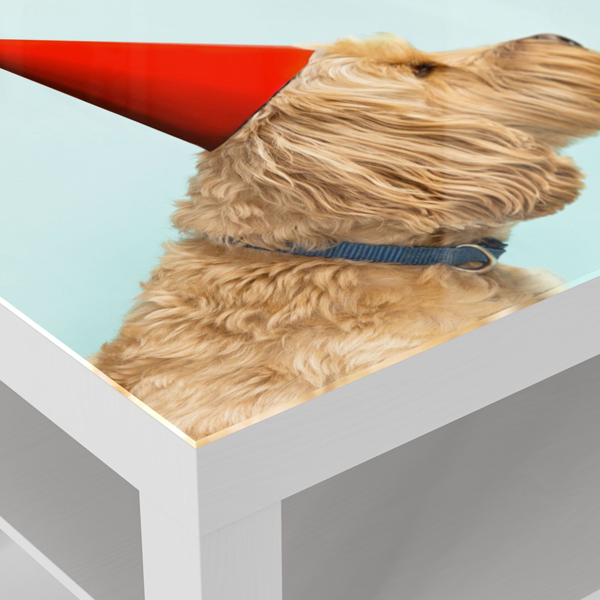 DEQORI Couchtisch 'Hund mit Partyaccessoires', Beistelltisch Weiß modern Glastisch Glas