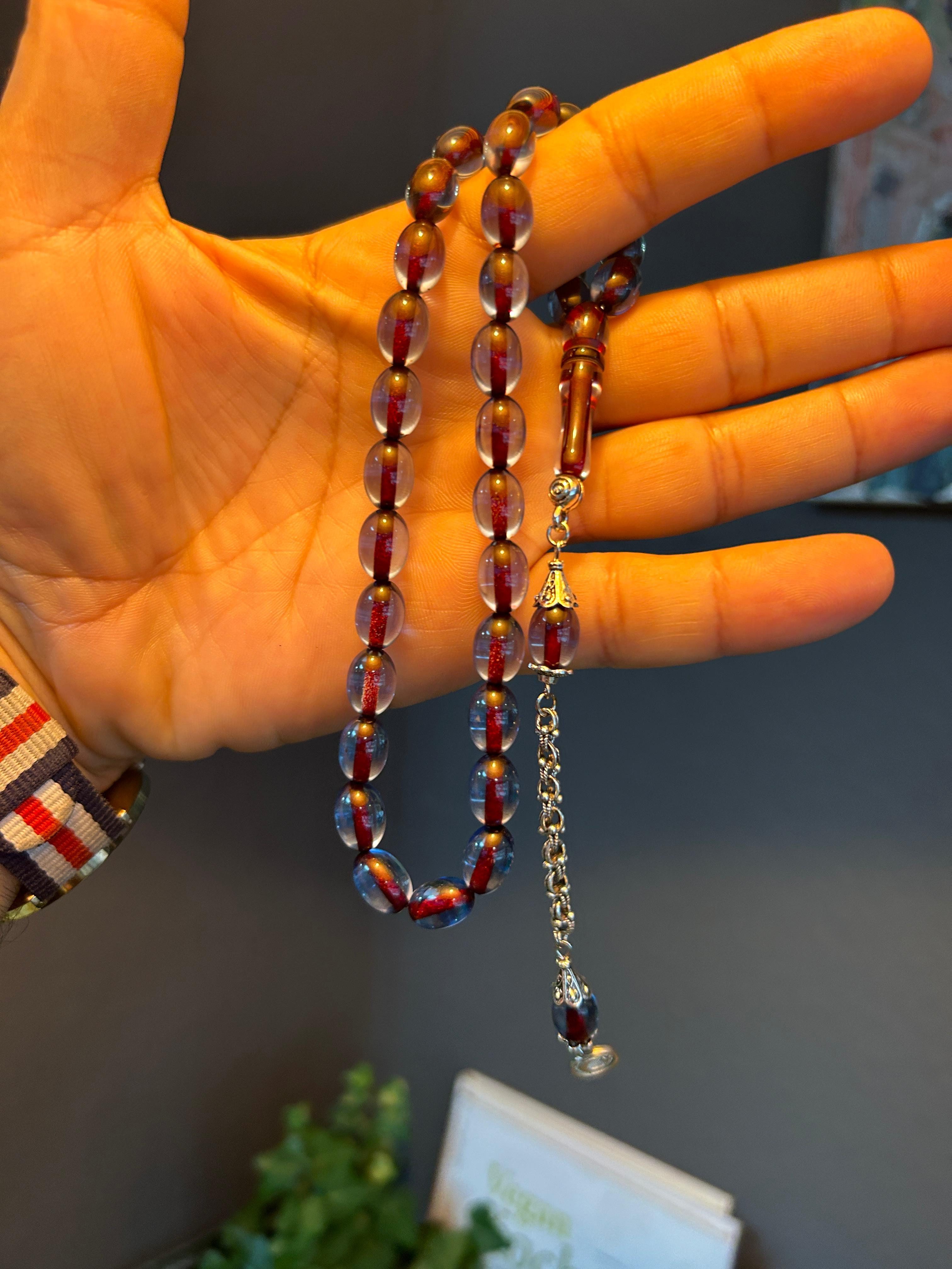 TesbihBid Kettenanhänger Gebetskette Tesbih Misbaha Tasbeeh Amber Prayerbeads Rosary Faturan (Amber Subha Tasbih, Sandalous Blau)