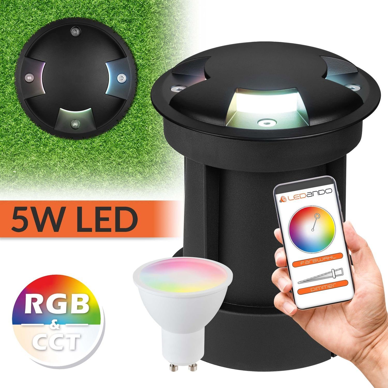 LEDANDO LED Einbaustrahler 5W - s Bodeneinbaustrahler 3 Smart Set WiFi mit Lichtauslässen LED App