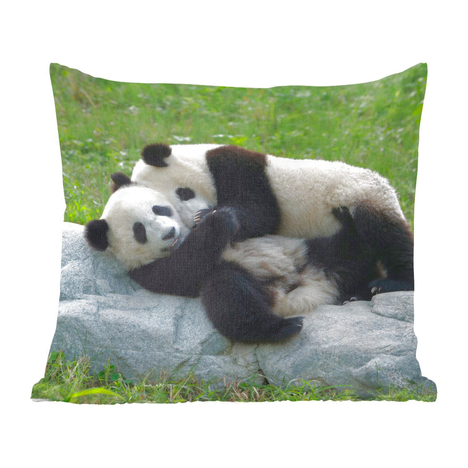 MuchoWow Dekokissen Pandas - Gras - Stein, Zierkissen mit Füllung für Wohzimmer, Schlafzimmer, Deko, Sofakissen