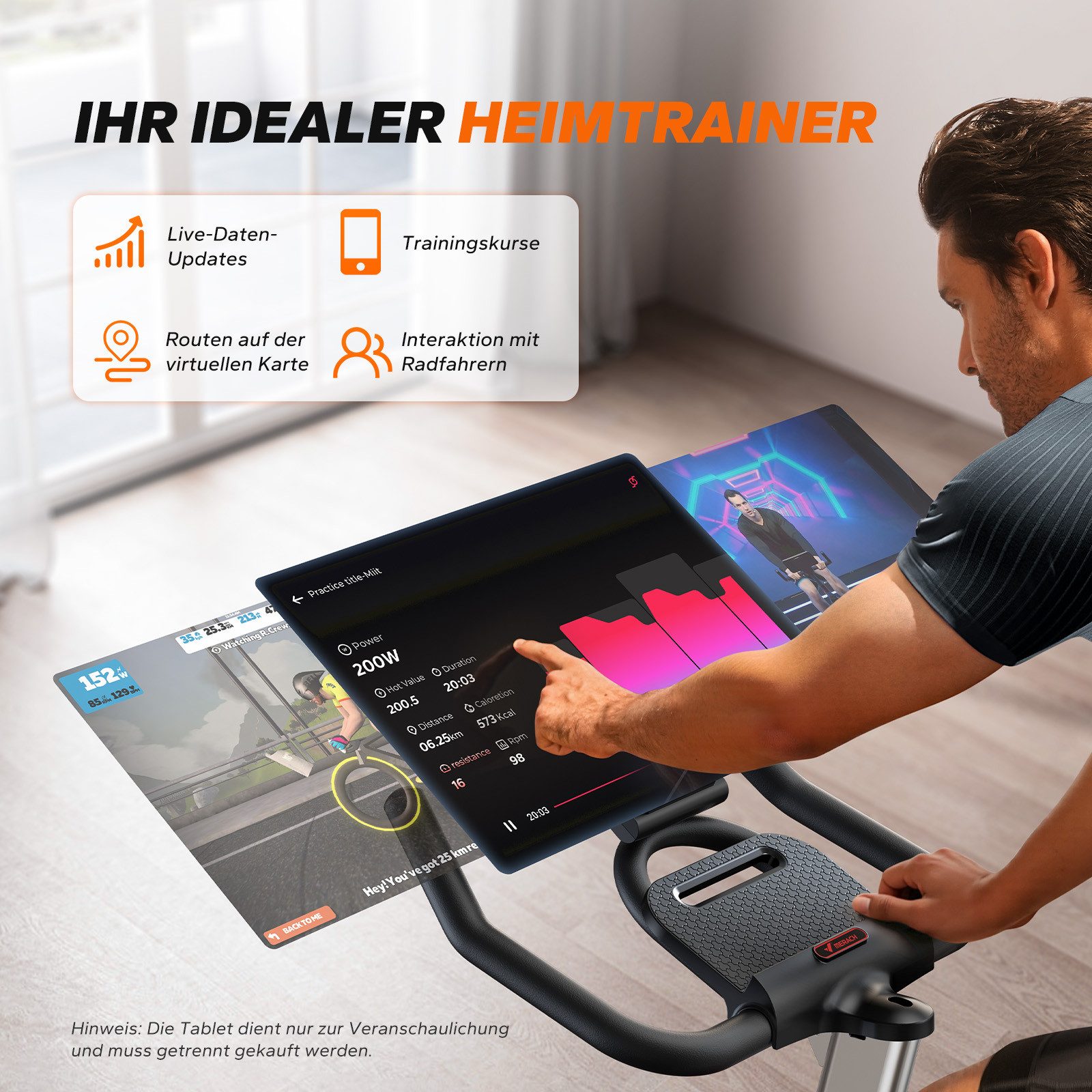 MERACH Heimtrainer Magnetisch Kinomap & App mit Echtzeit-Synchronisation (Schweres Schwungrad, 0-100% Magnetischer Widerstand, LCD-Monitor, Tablet-Halter, bis 136KG, Zwift und Kinomap kompatibel, verstellbar), leise, ergonomischer Sitz, Stationäres Fahrrad für Zuhause