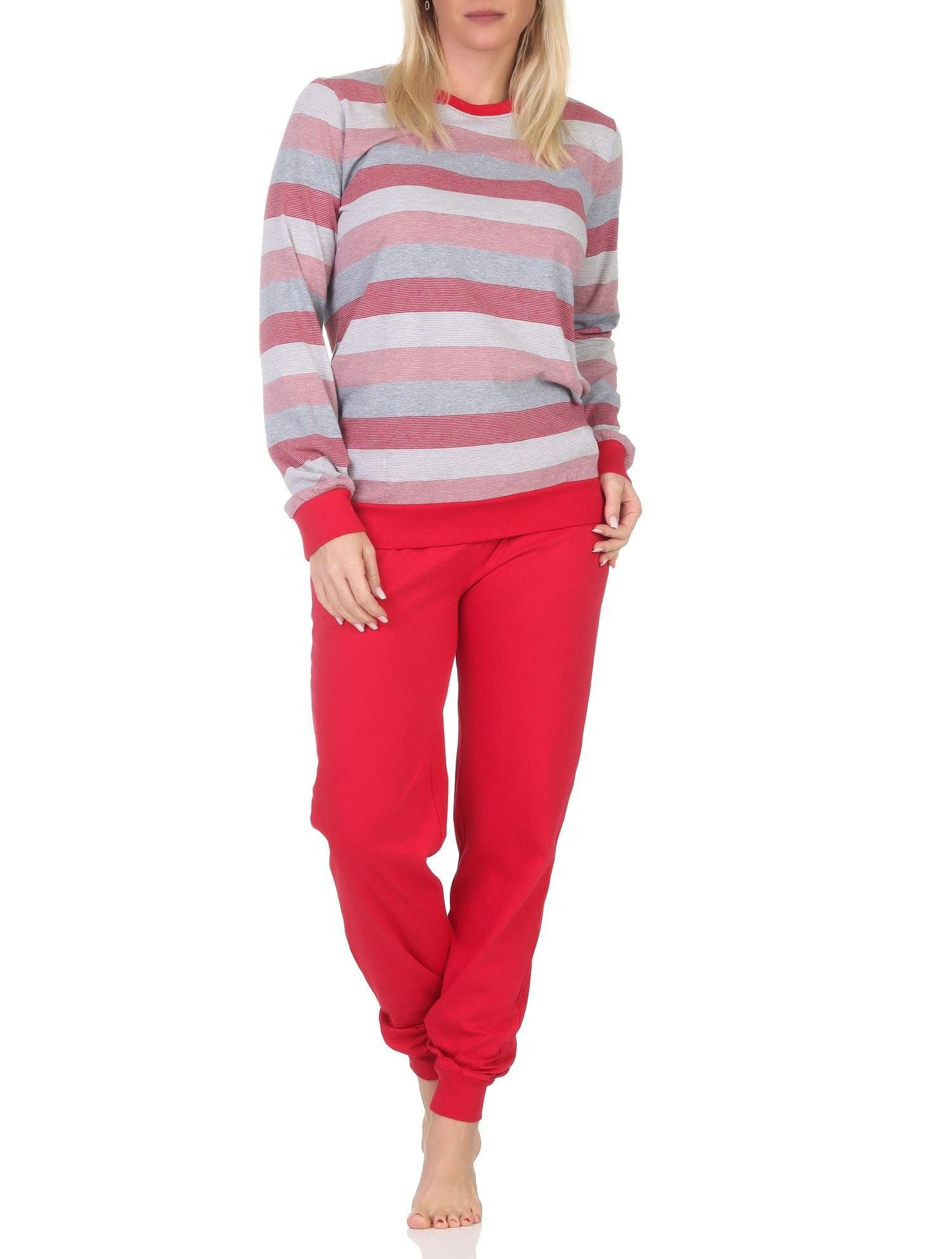 Pyjama Damen Frottee Schlafanzug mit Bündchen in elegantem Streifendesign