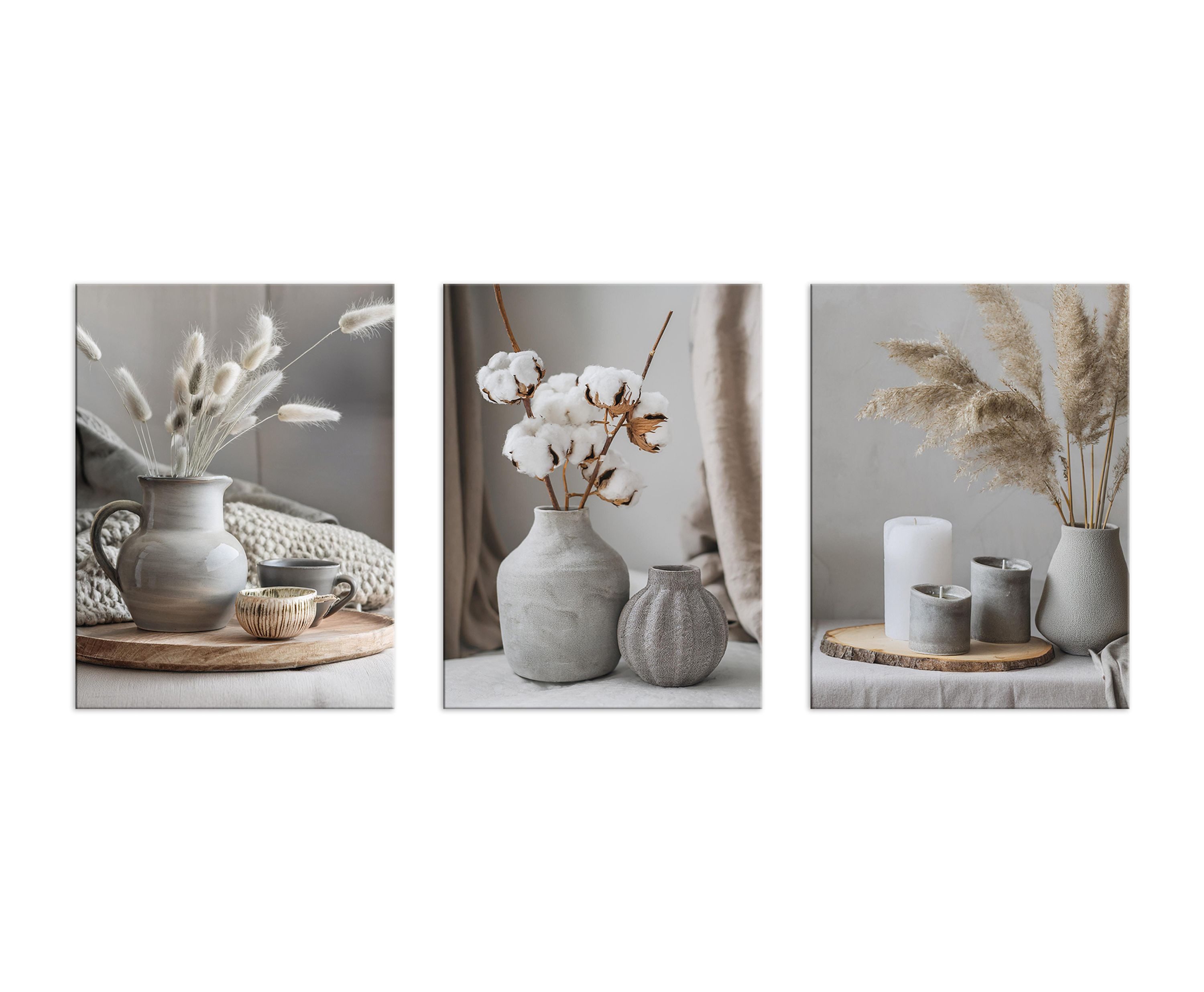 artissimo Mehrteilige Bilder Bilderset 3er-Set, Wandbilder-Set natur, Bilderwand Bilder beige weiß, moderne Stillleben: Gräser in weiß und beige – Bild 5 von 5