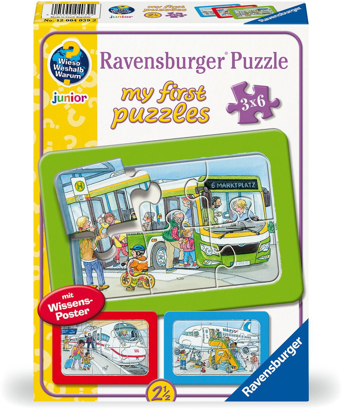 Ravensburger Rahmenpuzzle 3 x 6 Teile Puzzle Unterwegs mit Bus, Bahn und Fl günstig online kaufen