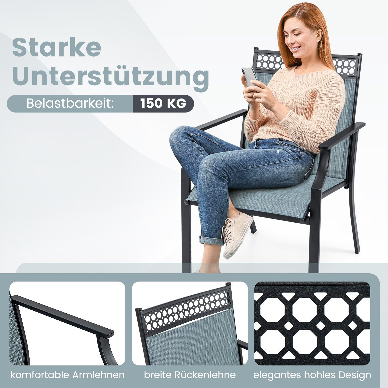 COSTWAY Gartenstuhl Balkonstühle (2 St), Metall, 51x49cm Sitzfläche, bis 150kg belastbar