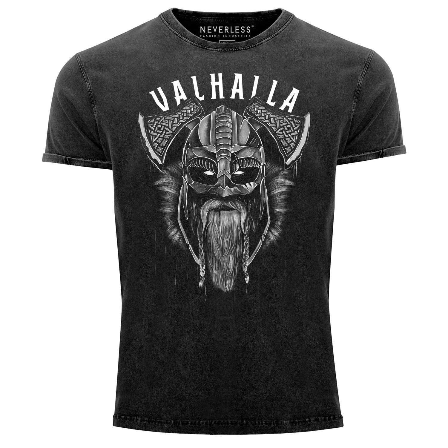 Neverless Print-Shirt Herren Vintage Shirt Valhalla Wikinger Helm Viking Odin Krieger Printshirt T-Shirt Aufdruck Used Look Slim Fit Neverless® mit Print