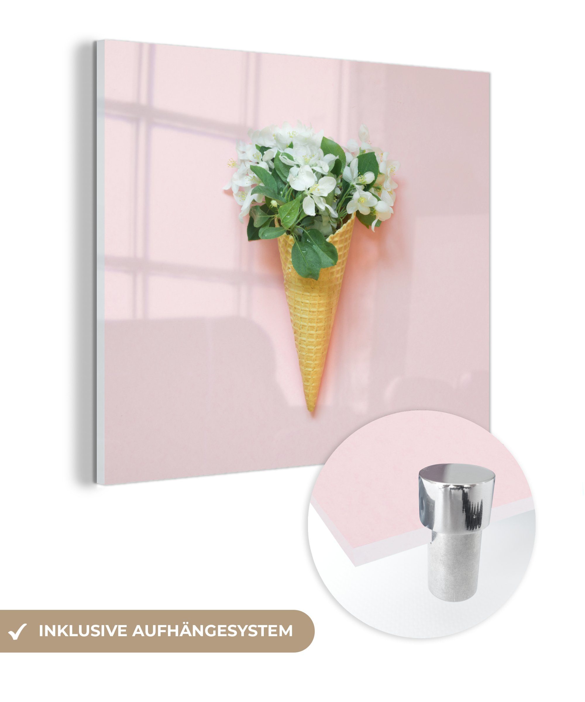 MuchoWow Acrylglasbild Eiswaffel - Blumen - Stilleben, (1 St), Glasbilder - Bilder auf Glas Wandbild - Foto auf Glas - Wanddekoration