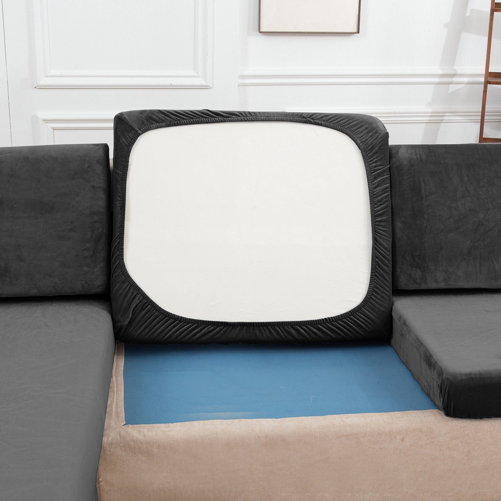 Sofahusse Stretch, Samt, mit elastischer für Sofa, Unterseite, Rosnek Dunkelgrau