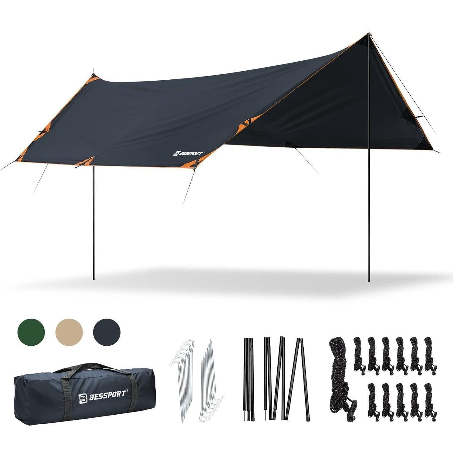 Tarp-Zelt Wasserdichte Zeltplane 3x4,6m mit Stützstange und Erdnägeln