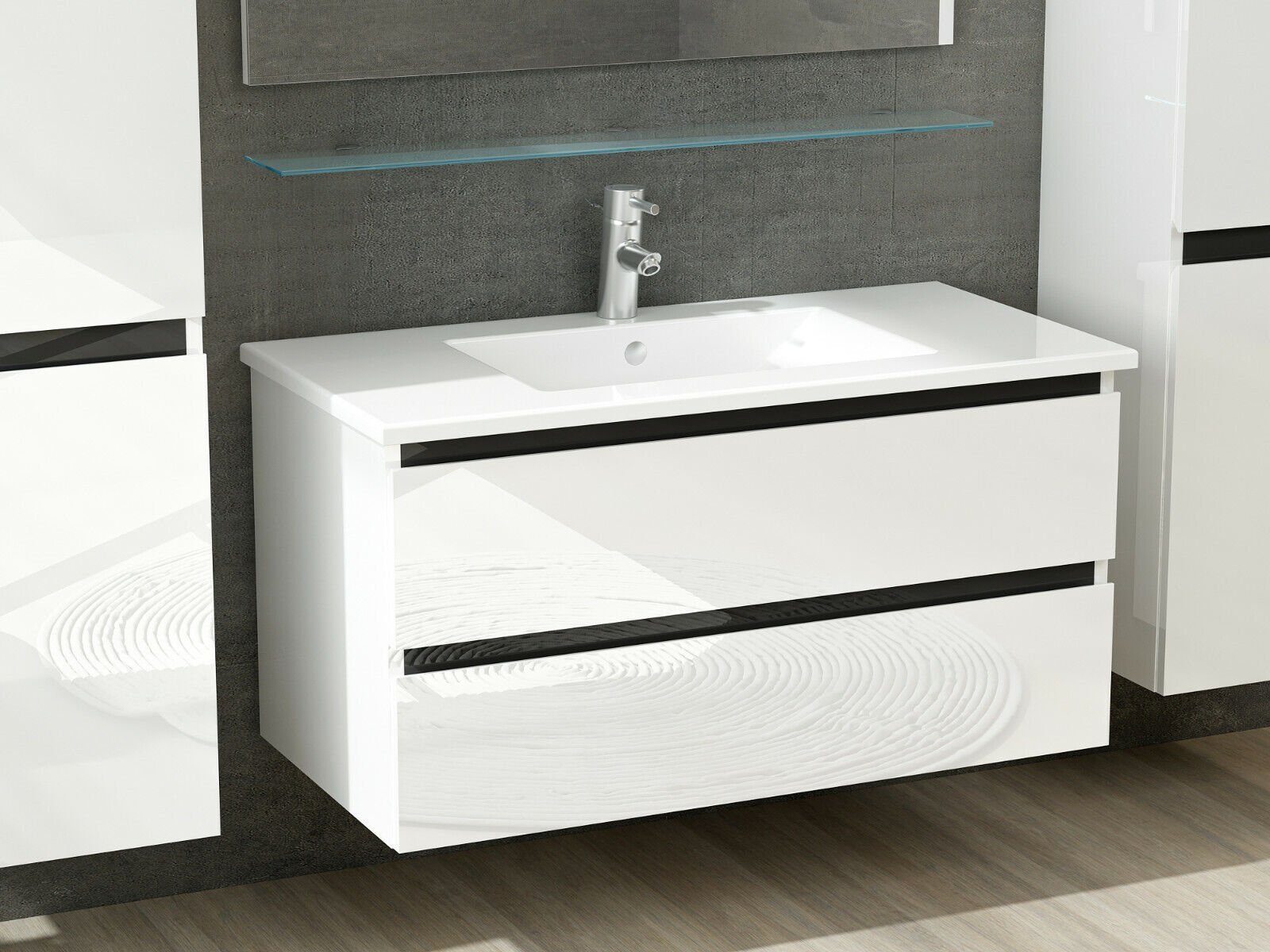 Homeline Badmöbel-Set Deniz und Marcel New in 3 Größen Hochglanz Badmöbel, (Komplettes Badmöbel Set, 6-St., Badmöbel Weiß Hochglanz bis 6 Teilig Badezimmermöbel), Hochglanz Optik Mit 2 Schubladen