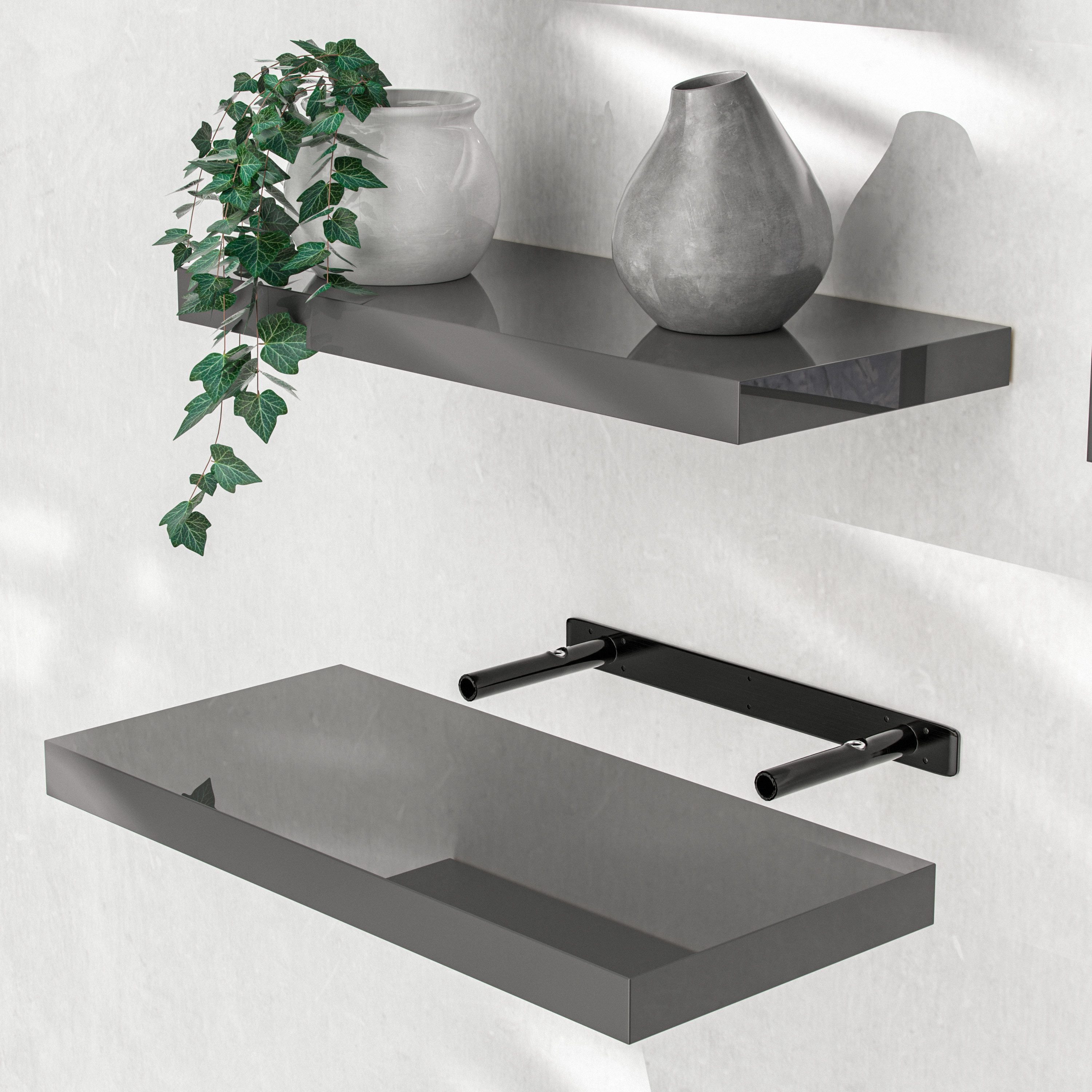 Casaria Wandboard, Grau Hängeregal mit Halterung 15kg Tragkraft Küche Hochglanz 50cm