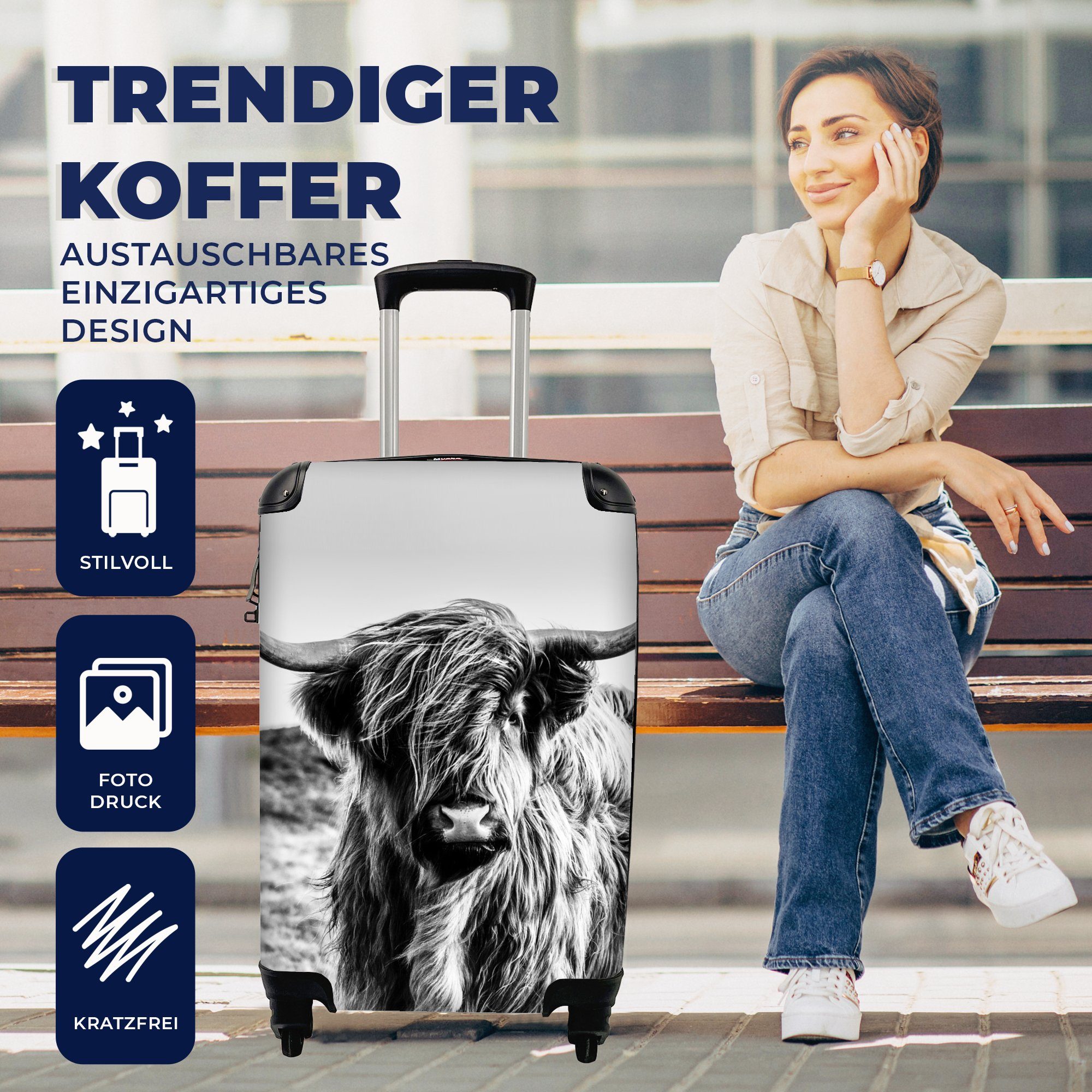 - Handgepäckkoffer Schwarz Kuh -, - Natur Weiß Schottischer Reisetasche - für mit Hochländer - Tier Trolley, MuchoWow Reisekoffer Rollen, Ferien, Handgepäck 4 - rollen,