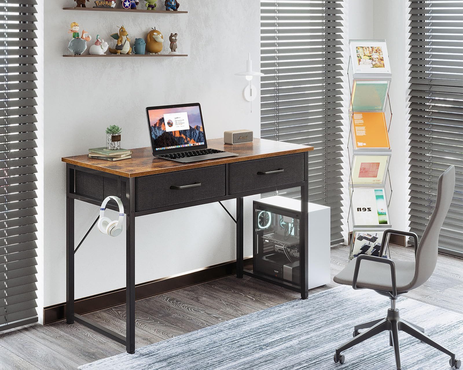 ODK Schreibtisch mit 2 Stoffschubladen und Kopfhörerhaken (1-St), Kompakter PC-Tisch für Home Office, 100×40×78,7 cm