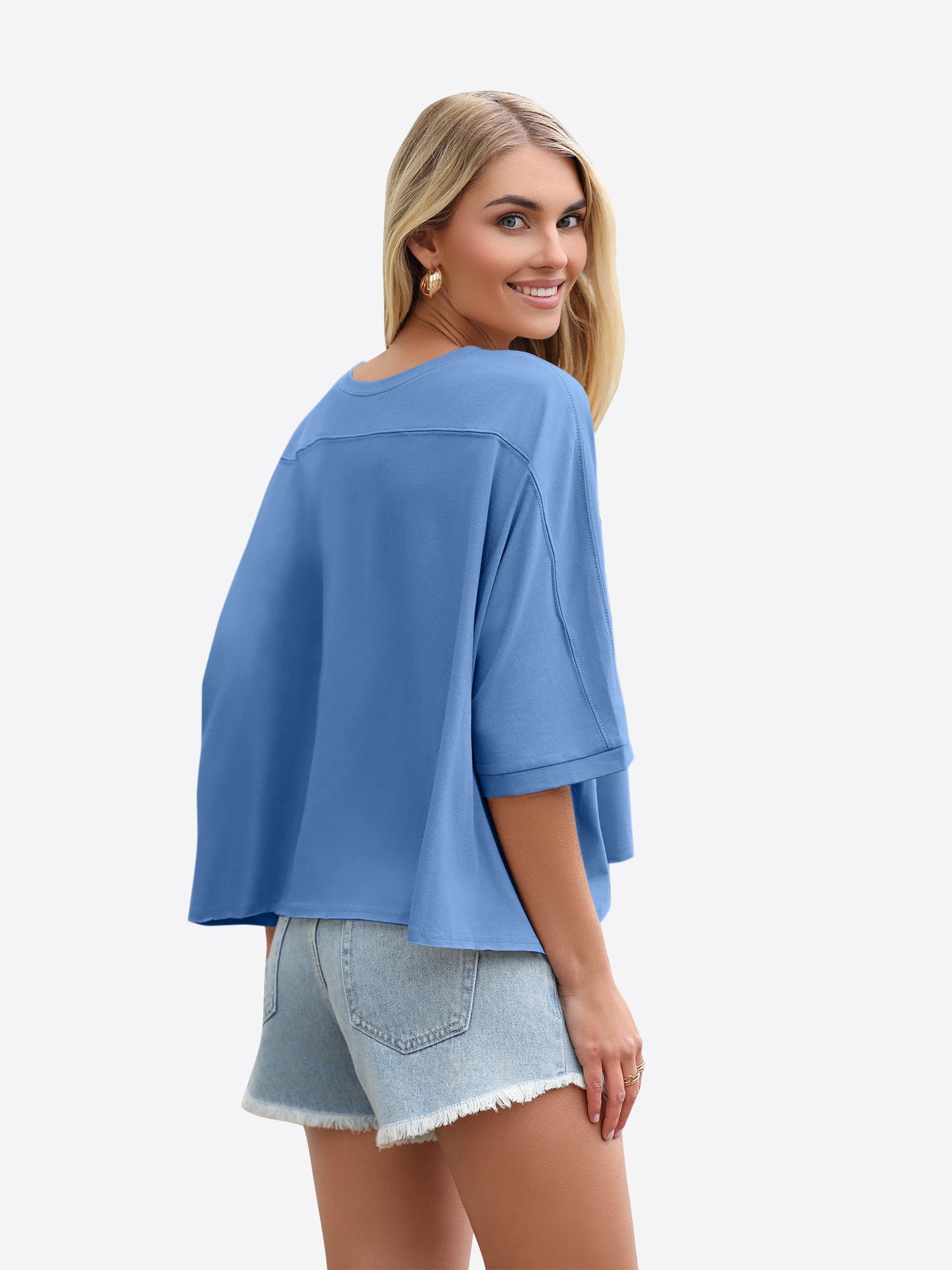 Imily Bela T-Shirt Damen Oversized Cropped Shirt Rundhals Casual Oberteil (Packung, 1-tlg., 1per-Pack) mit 3/4-Ärmeln und abgerundetem Saum in Unifarbe – Bild 2 von 5