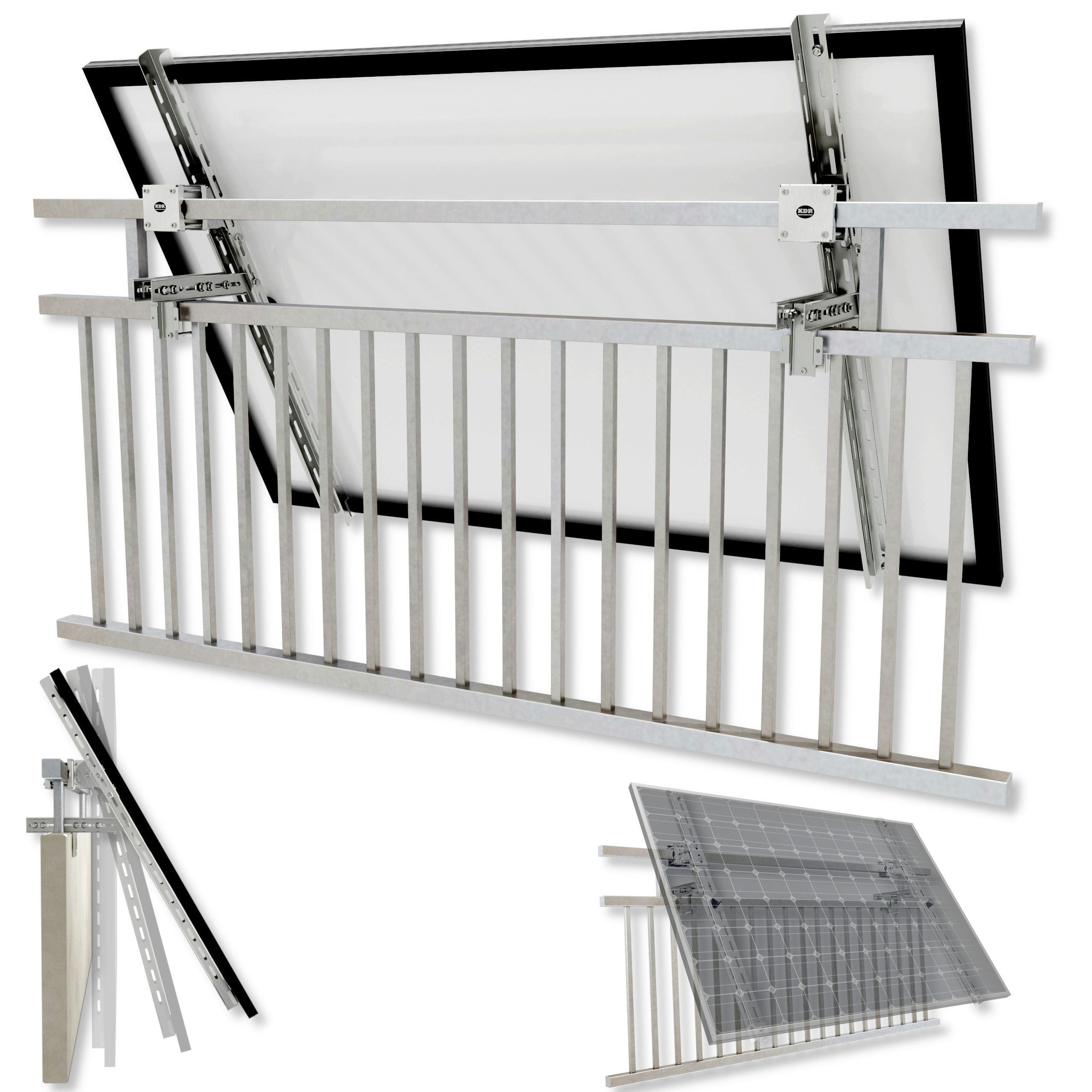 KDR Produktgestaltung Balkonkraftwerk Halterung Balkonkraftwerk für das Geländer Halter Solarmodul, 0% MwSt. nach §12 Abs. 3 UStG.