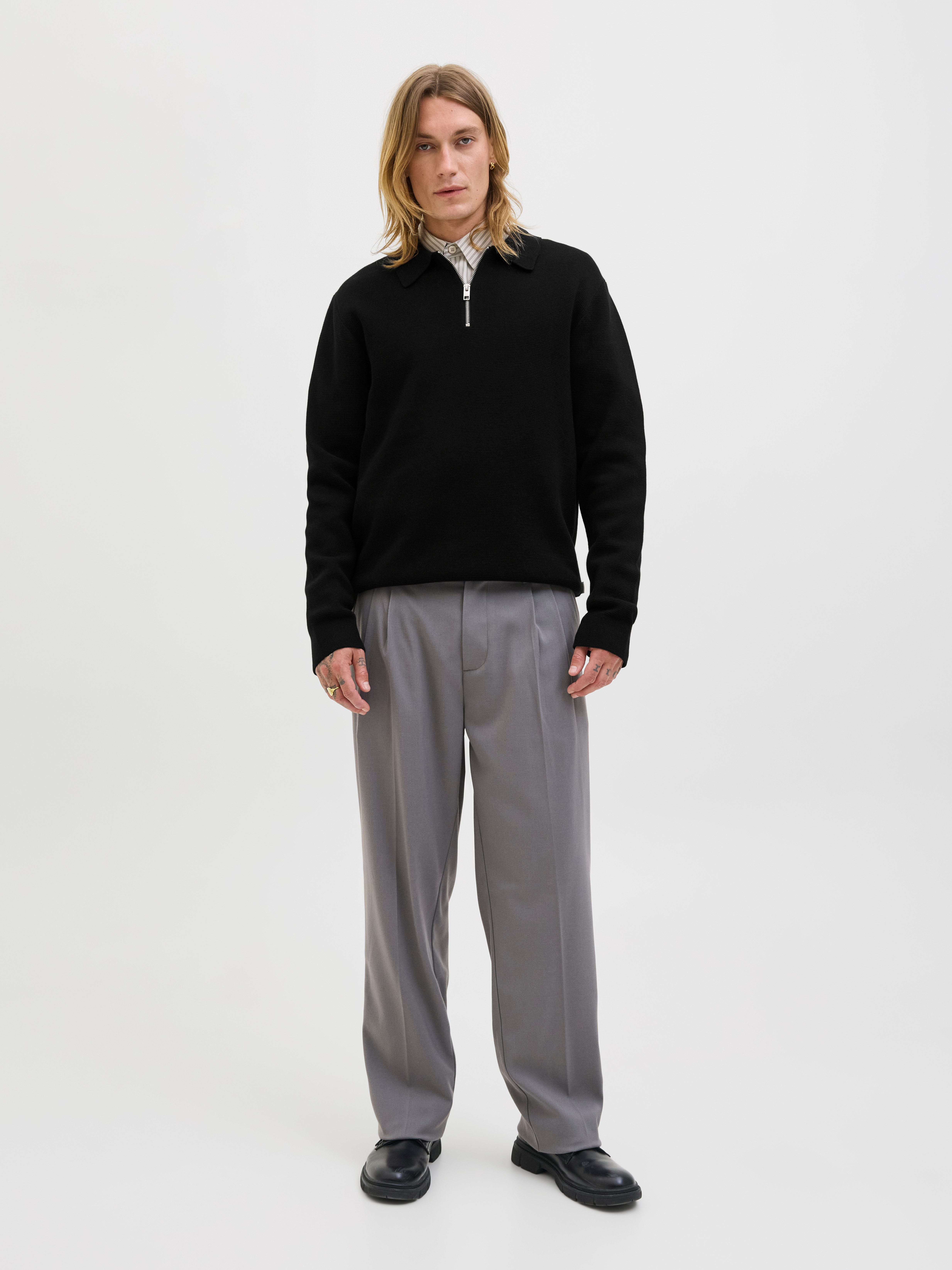 Jack & Jones Polokragenpullover JPRBLAMILANO STITCH KNIT ZIP POLO SN Baumwolle, locker geschnitten