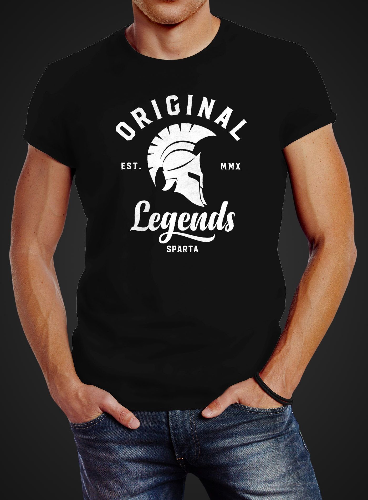 Print Neverless® T-Shirt mit Slim Herren schwarz Legends Gladiator Neverless Original Print-Shirt Fit Streetwear Sparta