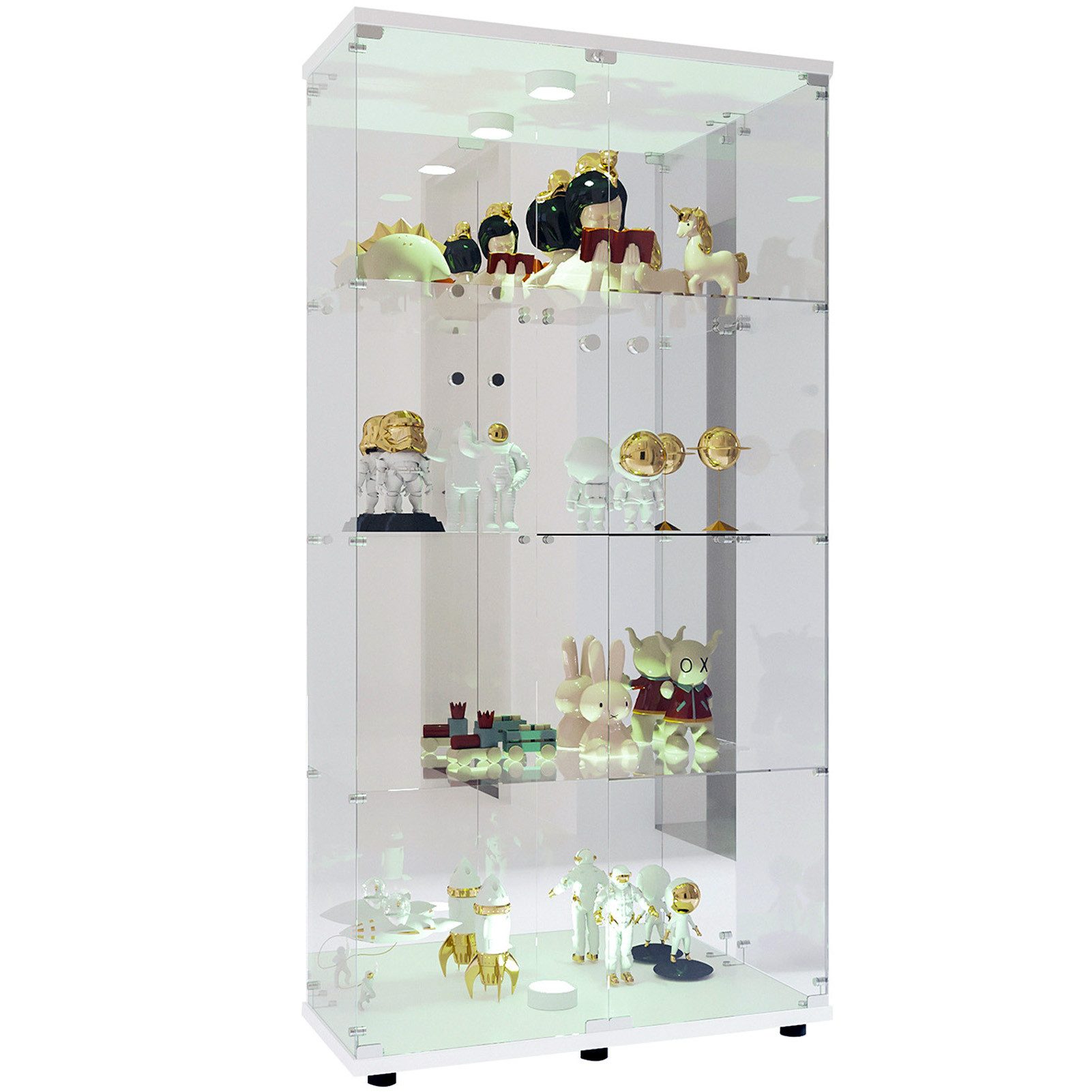 ADWOLT Glasvitrine Standvitrinen mit LED-Beleuchtung, 4-Lagen Vitrine (80.5 x 36.5 x 163.9cm, Rückwand aus gehärtetem Spiegelglas) Vitrinenschrank mit 2 Glastür für Sammler, Sammlervitrine