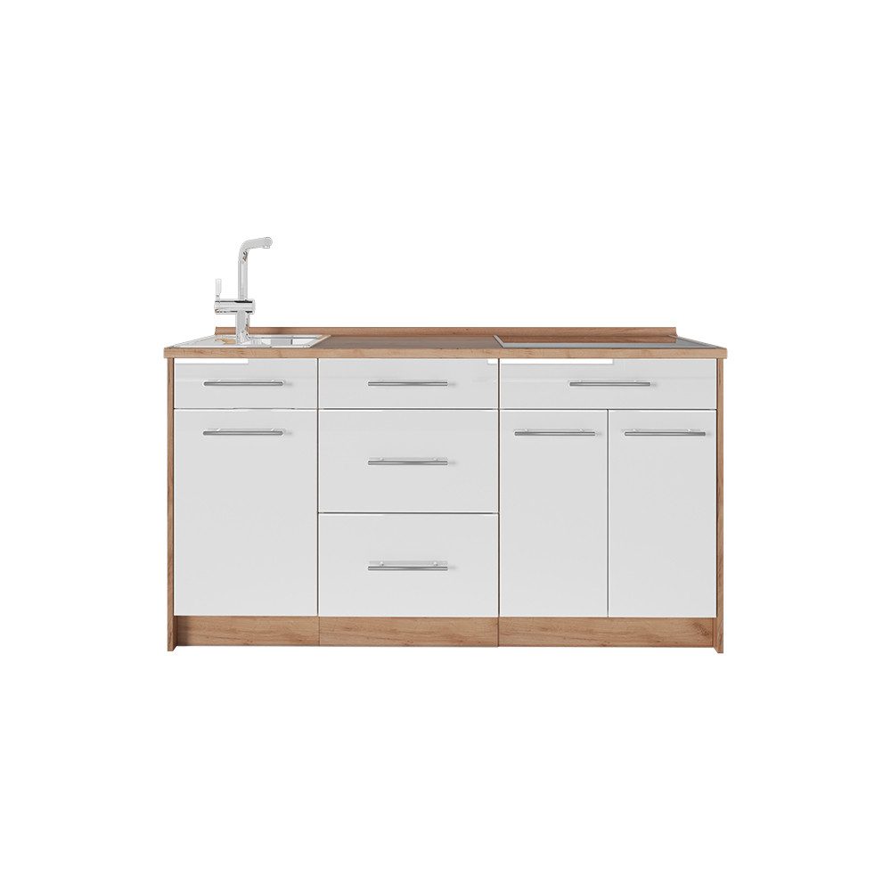 Vicco Küchenzeile Fame-Line, Weiß Hochglanz, 150 cm, AP Eiche