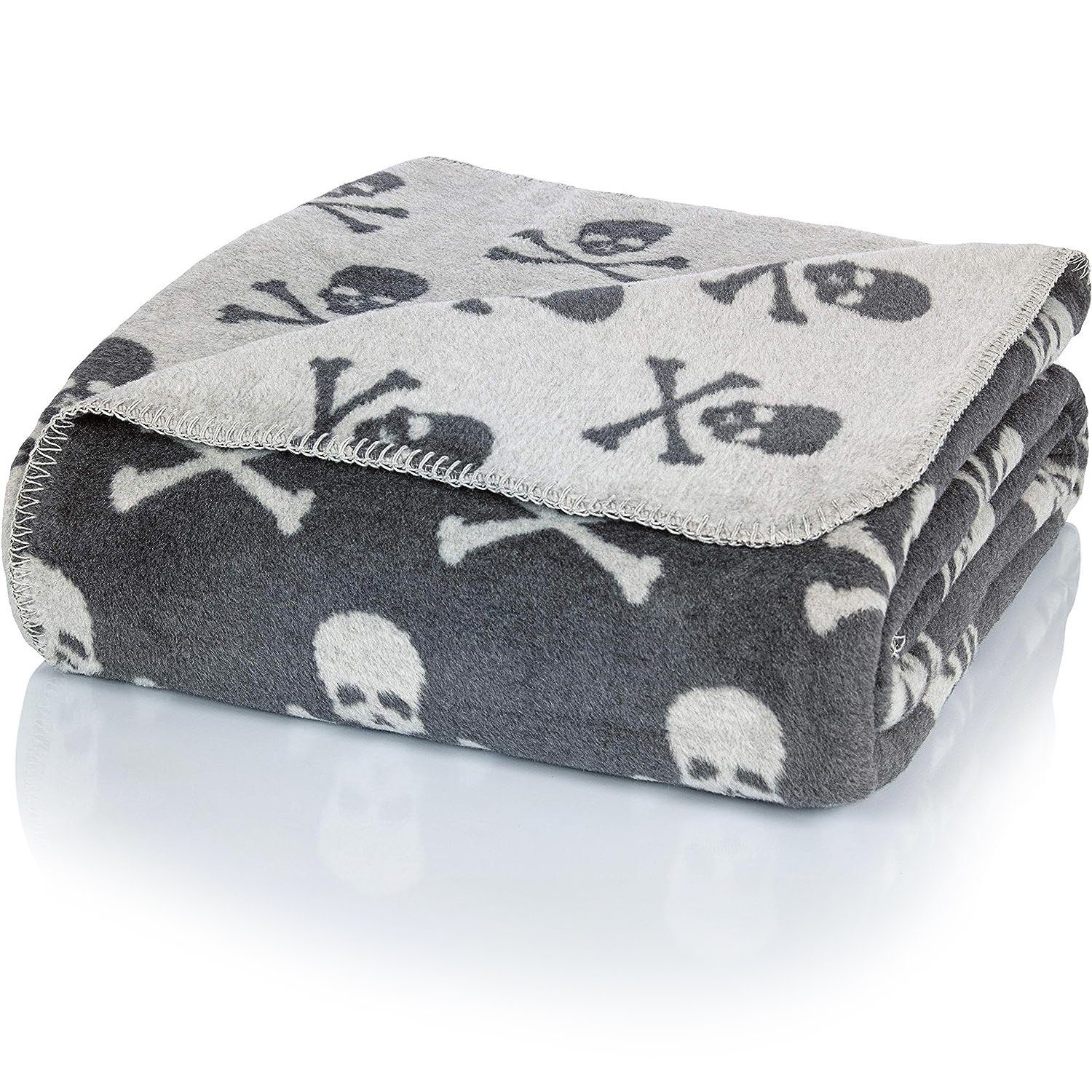 Wolldecke J2HS Kuscheldecke Baumwolle Totenköpfe Grau günstig online kaufen