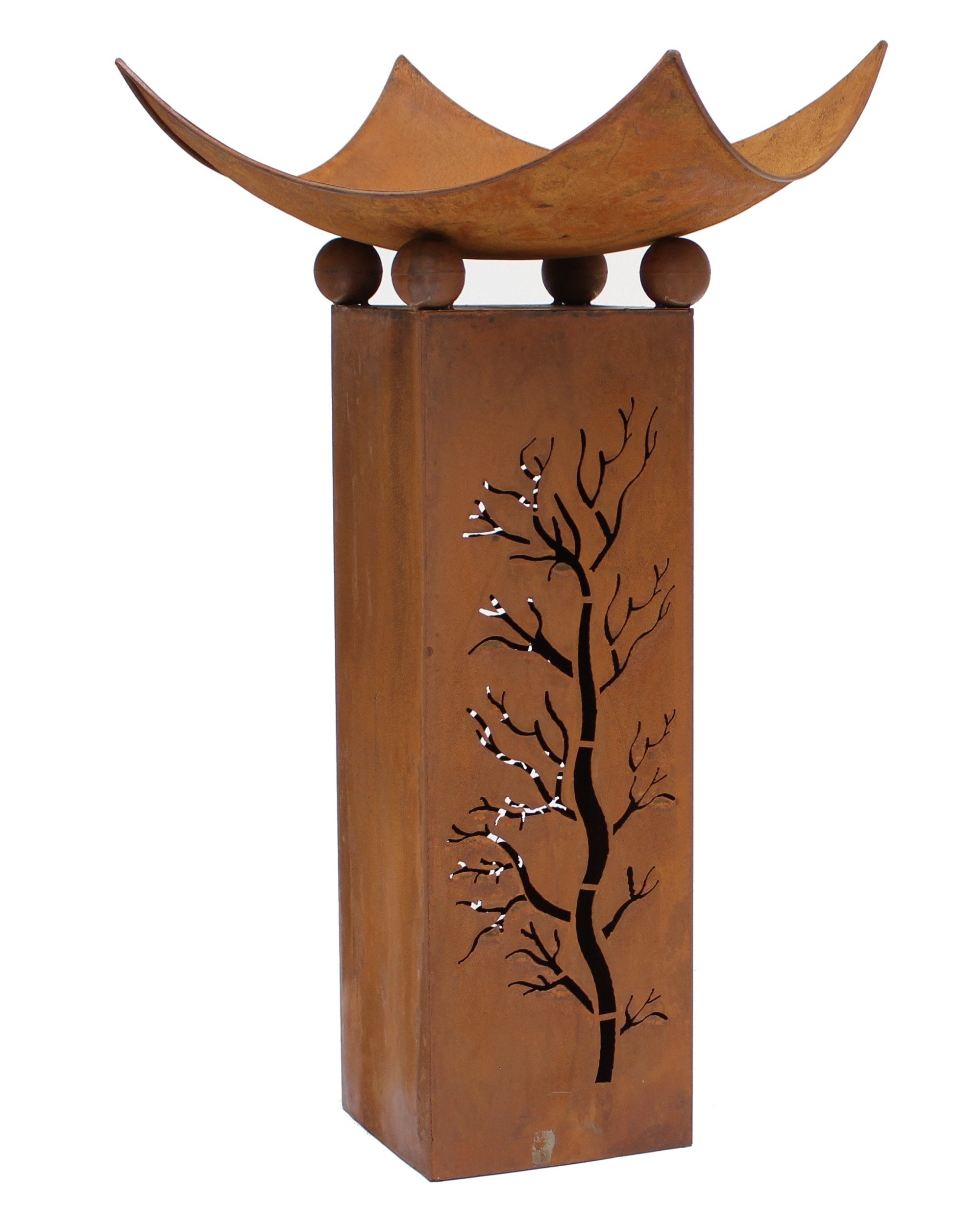 Dekoleidenschaft Feuerschale auf Dekosäule aus Metall in Rostoptik, 75 cm hoch, mit Ausstanzungen, (2-teilig), Outdoor Garten Feuerstelle, Gartenfeuer, Brennschale offen, Lagerfeuer