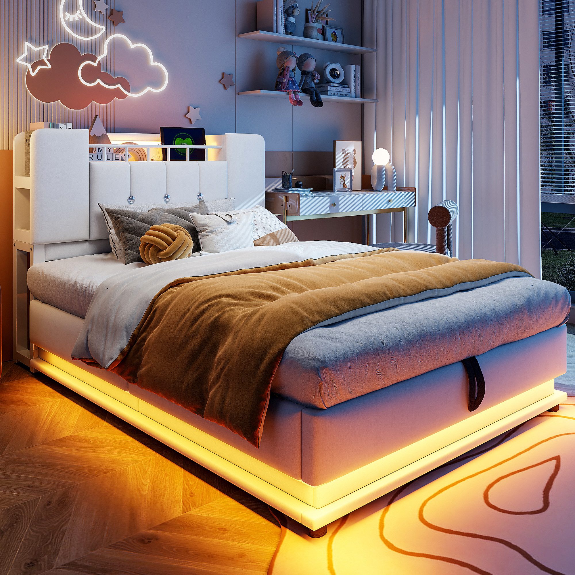 Merax Polsterbett mit LED-Beleuchtung und USB-Anschluss (Metalllattenrahmen & Samtbezug, 1-tlg., Kinderbett Einzelbett Mehrzweckbett Stauraumbett), Jugendbett 90×200cm mit hydraulischem Stauraum & Kopfteilfach, Samt