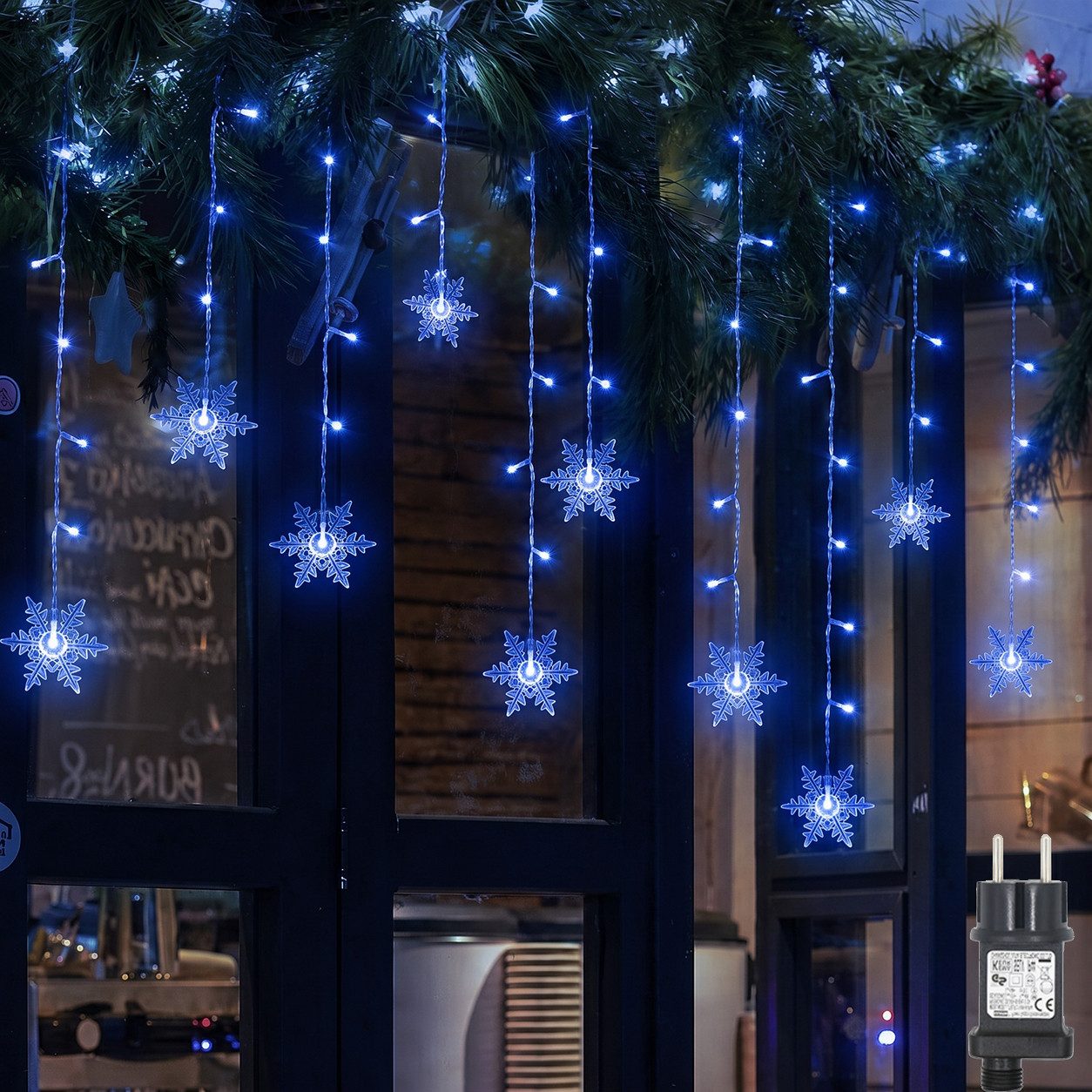 SERBASIC Lichtervorhang LED Schneeflocke Lichterkette, mit 8 Modi und Speicherfunktion, Timer, für Außen Weihnachten, Hochzeit, Balkon, Große Schneeflocke