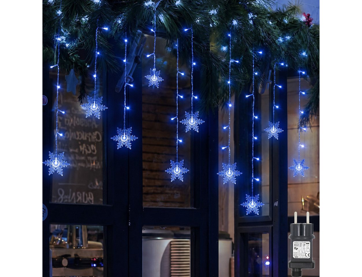 SERBASIC Lichtervorhang LED Schneeflocke Lichterkette, mit 8 Modi und Speicherfunktion, Timer, für Außen Weihnachten, Hochzeit, Balkon, Große Schneeflocke