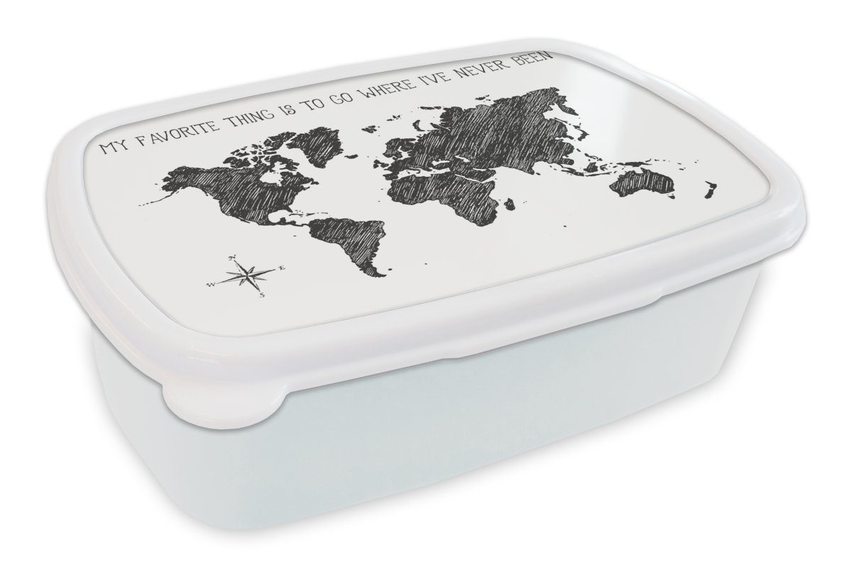 MuchoWow Lunchbox Weltkarte - Schwarz - Weiß - Zitat, Kunststoff, (2-tlg), Brotbox für Kinder und Erwachsene, Brotdose, für Jungs und Mädchen