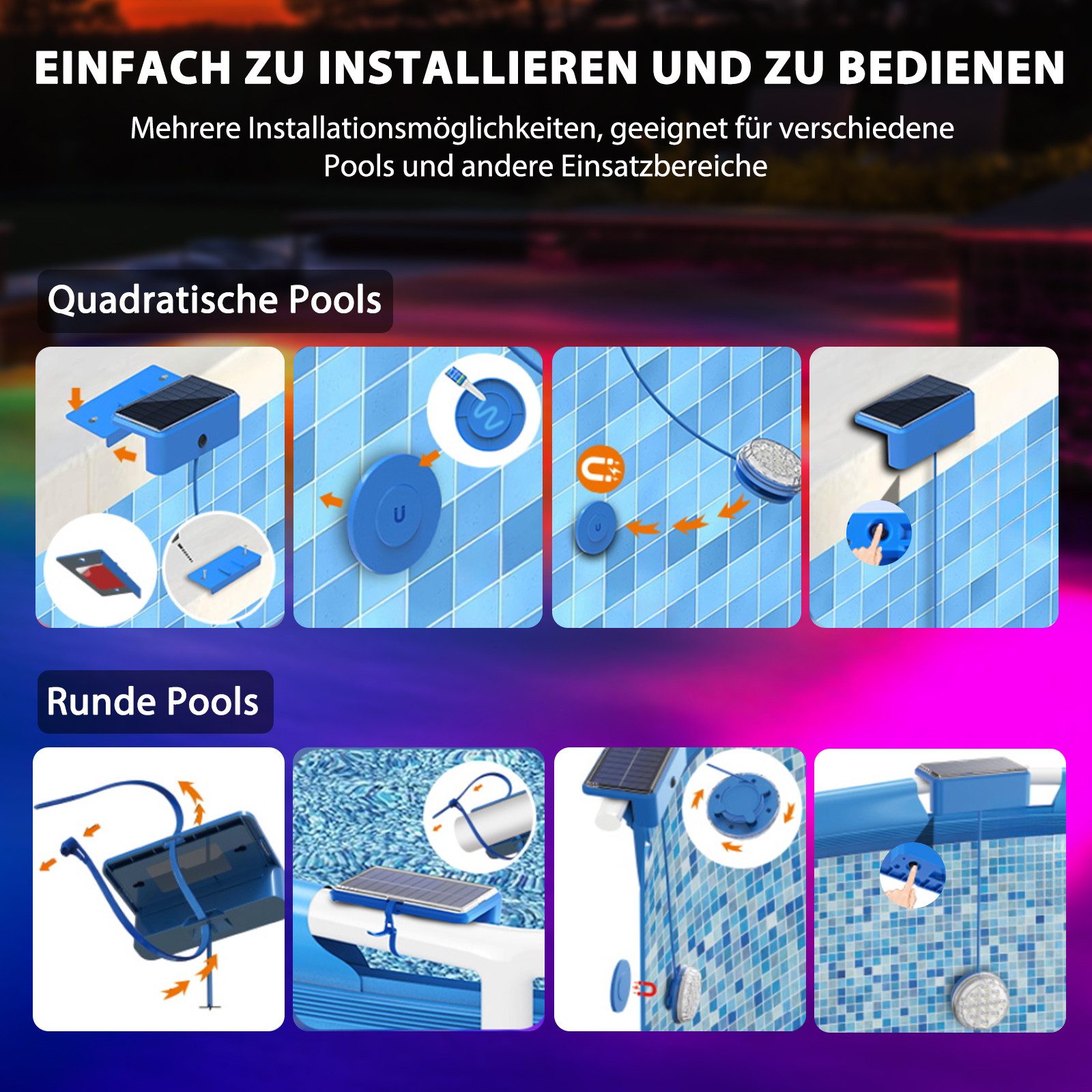Quntis LED Solarleuchte Solar Poolbeleuchtung Licht, IP68 Solarlampen Außen Pool Lichter, Dimmable LED, 16 Lichtfarben, Teichbeleuchtung mit Fernbedienung, 20 RGB Modi & Timer für Pool Teich