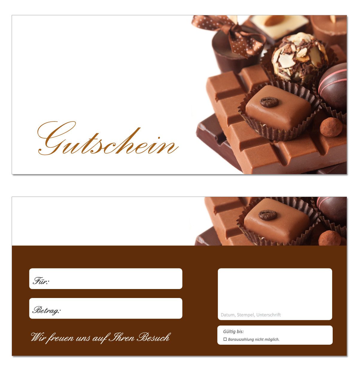 Geschenkkarte Geschenkgutschein Pralinen Konfiserie (Schokolade-653) DIN lang