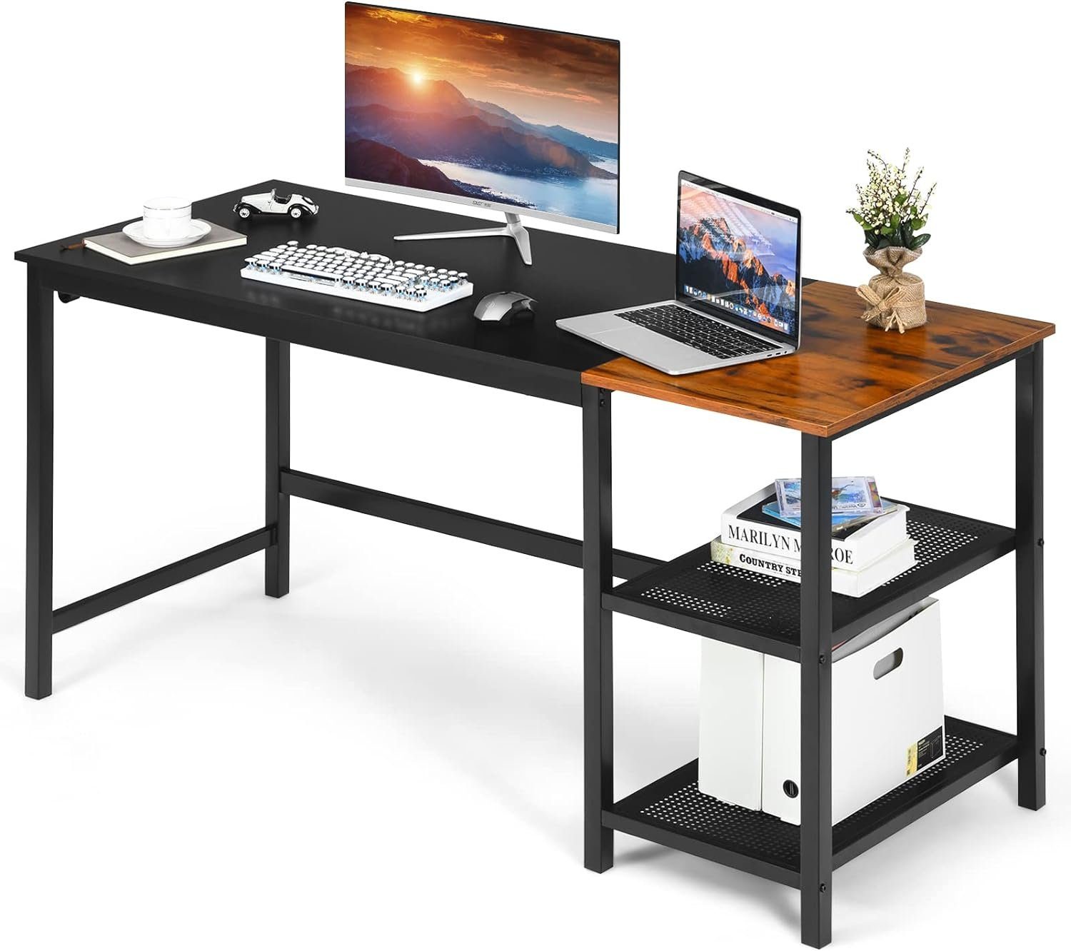 KOMFOTTEU Schreibtisch Computertisch, mit 2 Ablagen, 150×60×75,5cm schwarz