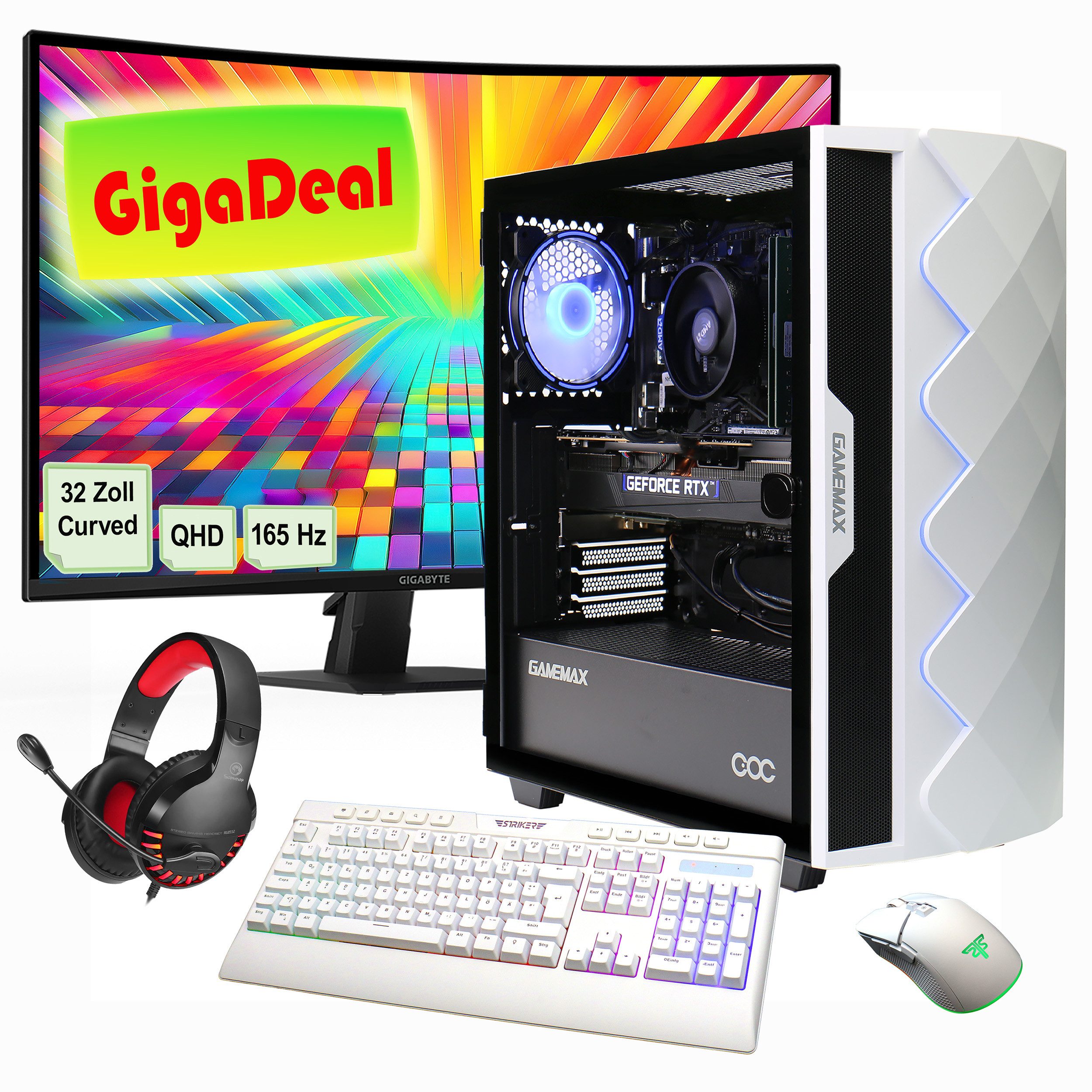 GAMEMAX GigaDeal Gaming-PC-Set Diamond WT PC-Komplettsystem (32", Intel® Core i7 14700F, GeForce RTX 4070, 32 GB RAM, 1000 GB SSD, Windows 11 + Gigabyte GS32QC LED-Monitor Curved, 80 cm (32)