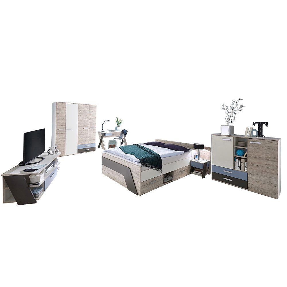 Lomadox Jugendzimmer-Set LEEDS-10, (Sparset, 6-tlg), Sandeiche Nachbildung mit weiß Lava und Denim Blau