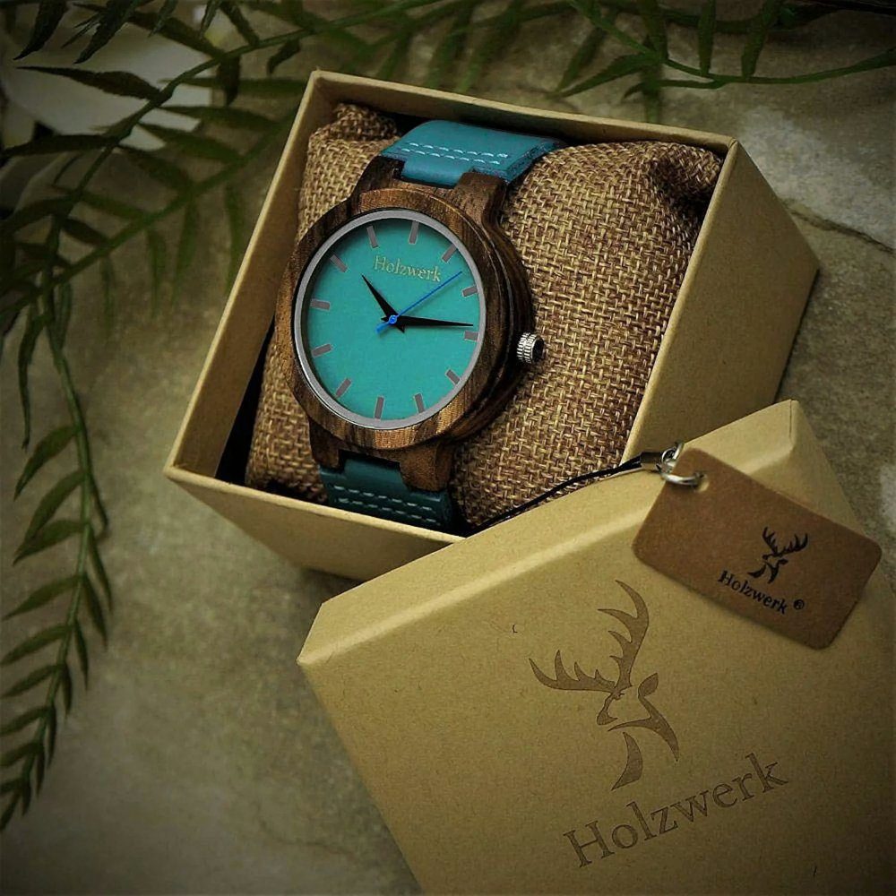 Holzwerk Quarzuhr KAHLA große Damen Leder & Holz Armband Uhr, türkis blau, braun KAHLA