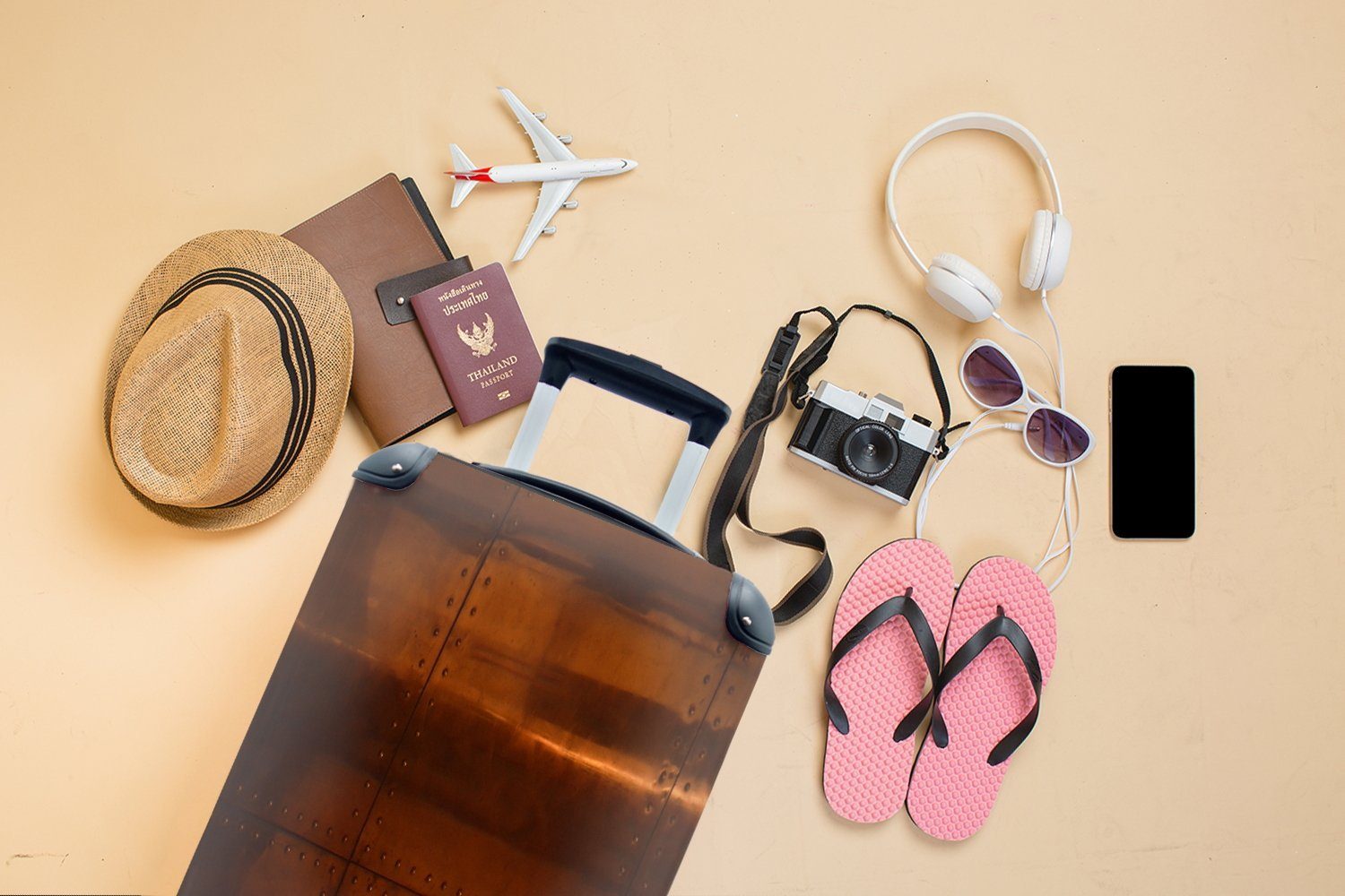 MuchoWow Handgepäckkoffer Bleche Reisetasche 4 mit Reisekoffer Handgepäck Ferien, einer rollen, mit Kupferstruktur, Trolley, für Rollen